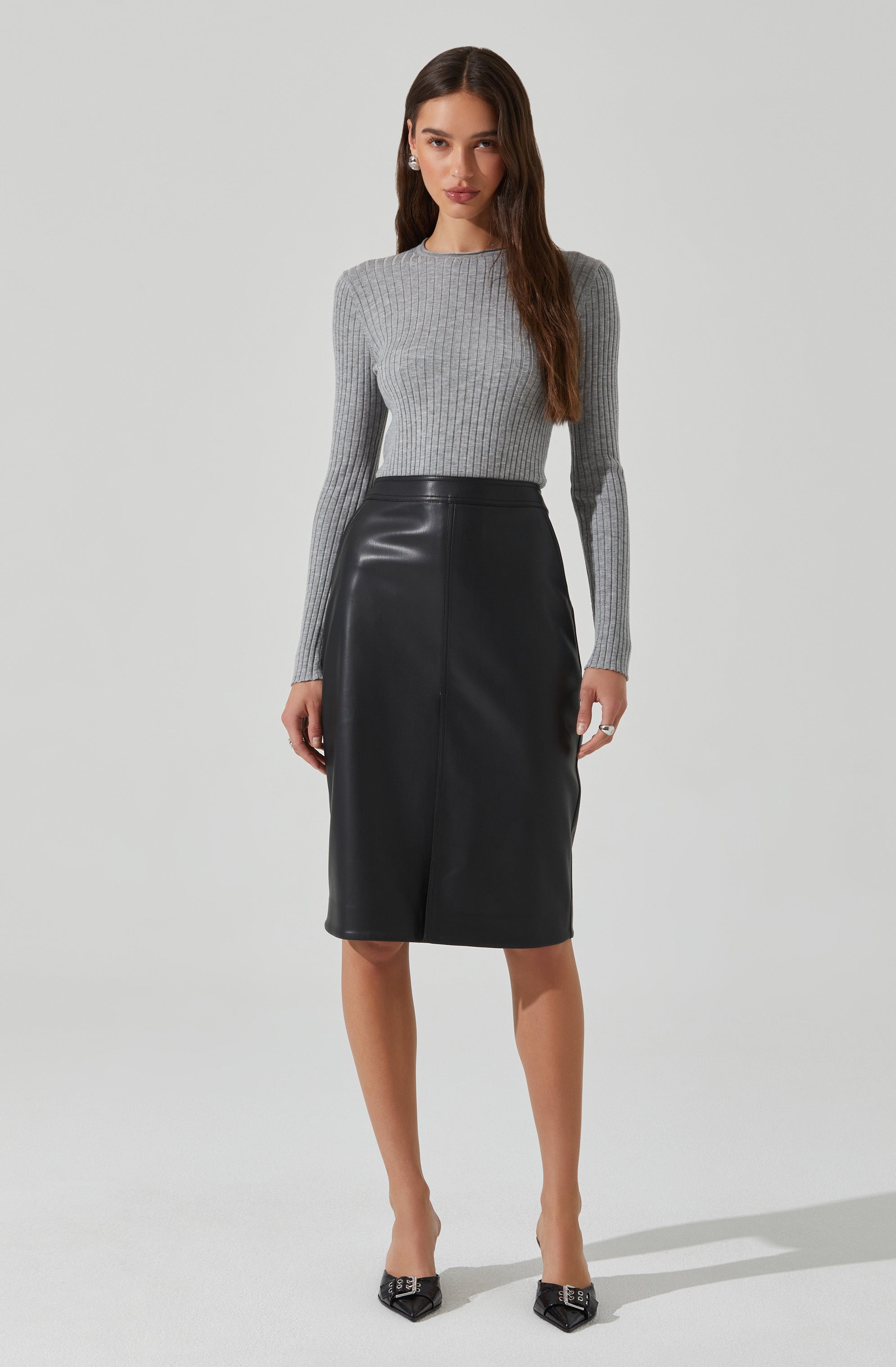 Ladonne Faux Leather Midi Skirt for Women - Stretchy High Waist Pleated Pencil Skirt - Perfect for Office, Party & Night Out