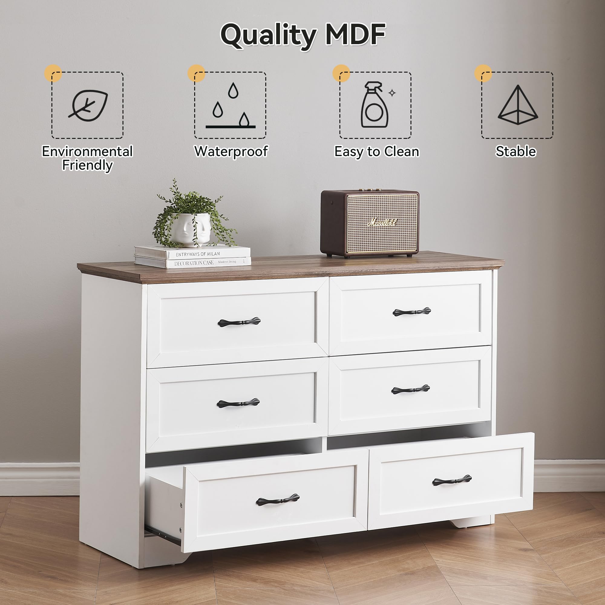 GAOMON 6-Drawer Wooden Dresser with Metal Handles - Farmhouse Style Chest of Drawers for Bedroom & Living Room - Modern Storage Organizer with Anti-Collapse Design - White & Brown Dresser for Hallway, Nursery, or Dorm Room Organization