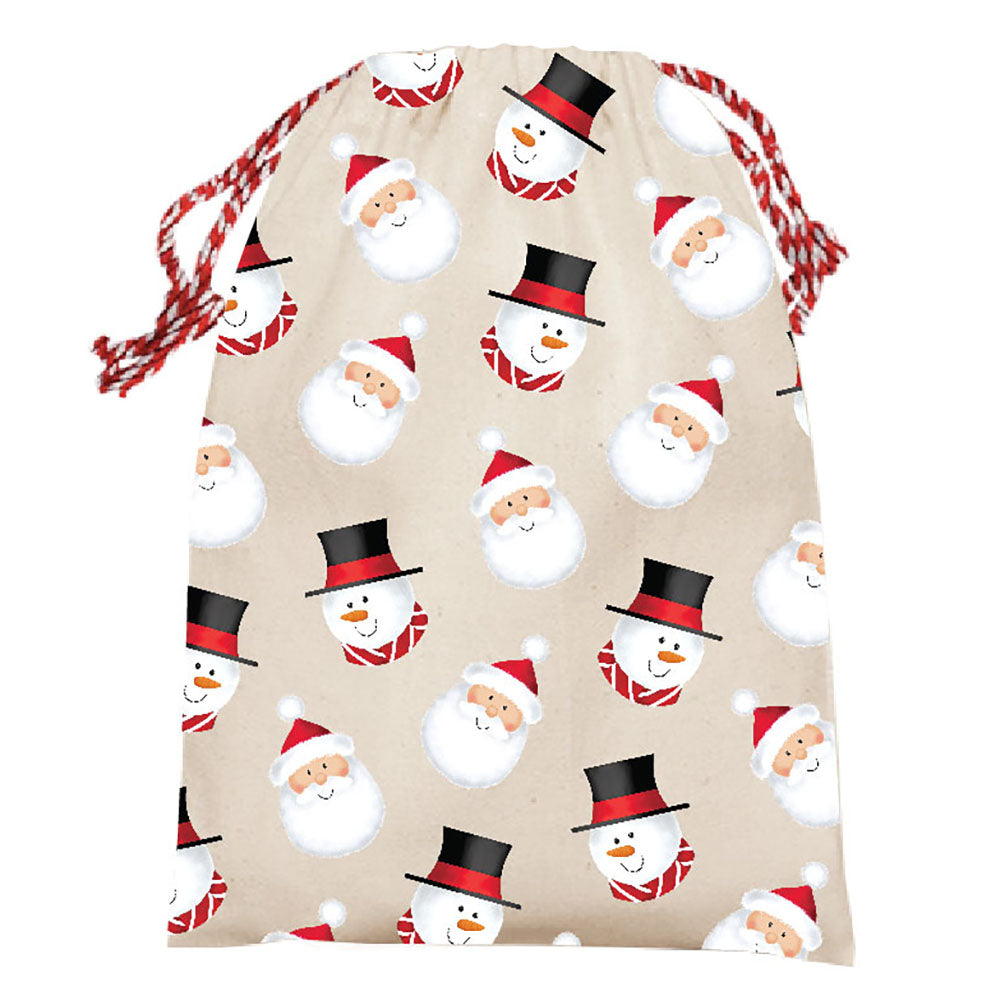 Christmas Santa Snowman Faces Canvas Drawstring Bag 14x18 Inch - Holiday Gift Storage & Party Favor Pouch for Christmas Decorations