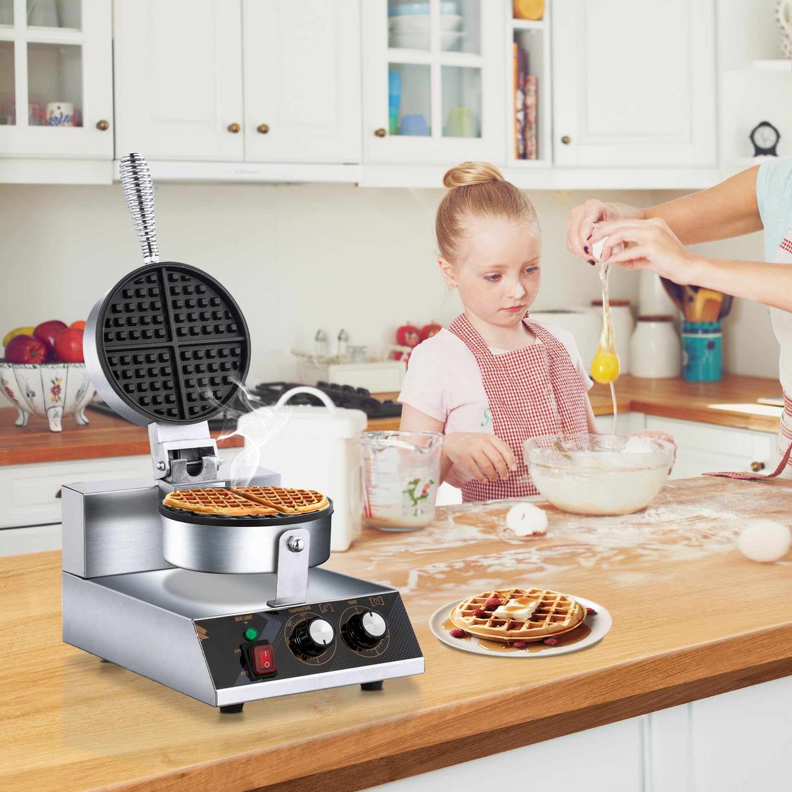 ROVSUN Commercial Electric Belgian Waffle Maker - 360° Rotating Non-Stick Waffle Iron with Adjustable Temperature & Timer - Perfect for Hotels, Restaurants, and Breakfast Cafes