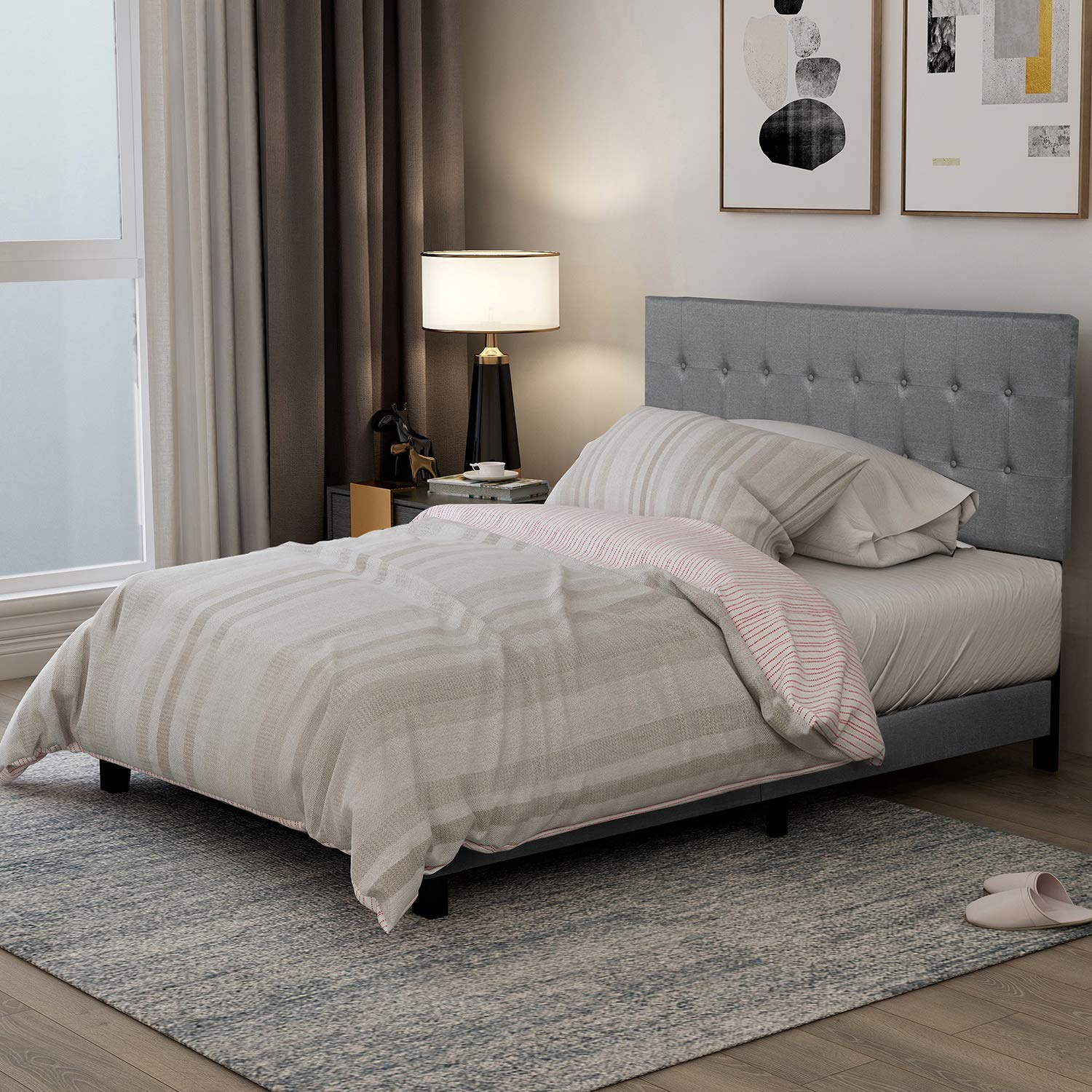 Linen Upholstered Tufted Platform Bed with Slat Support - Full Size Gray Bed Frame for Modern Bedroom | Durable & Stylish Bed for Home Decor