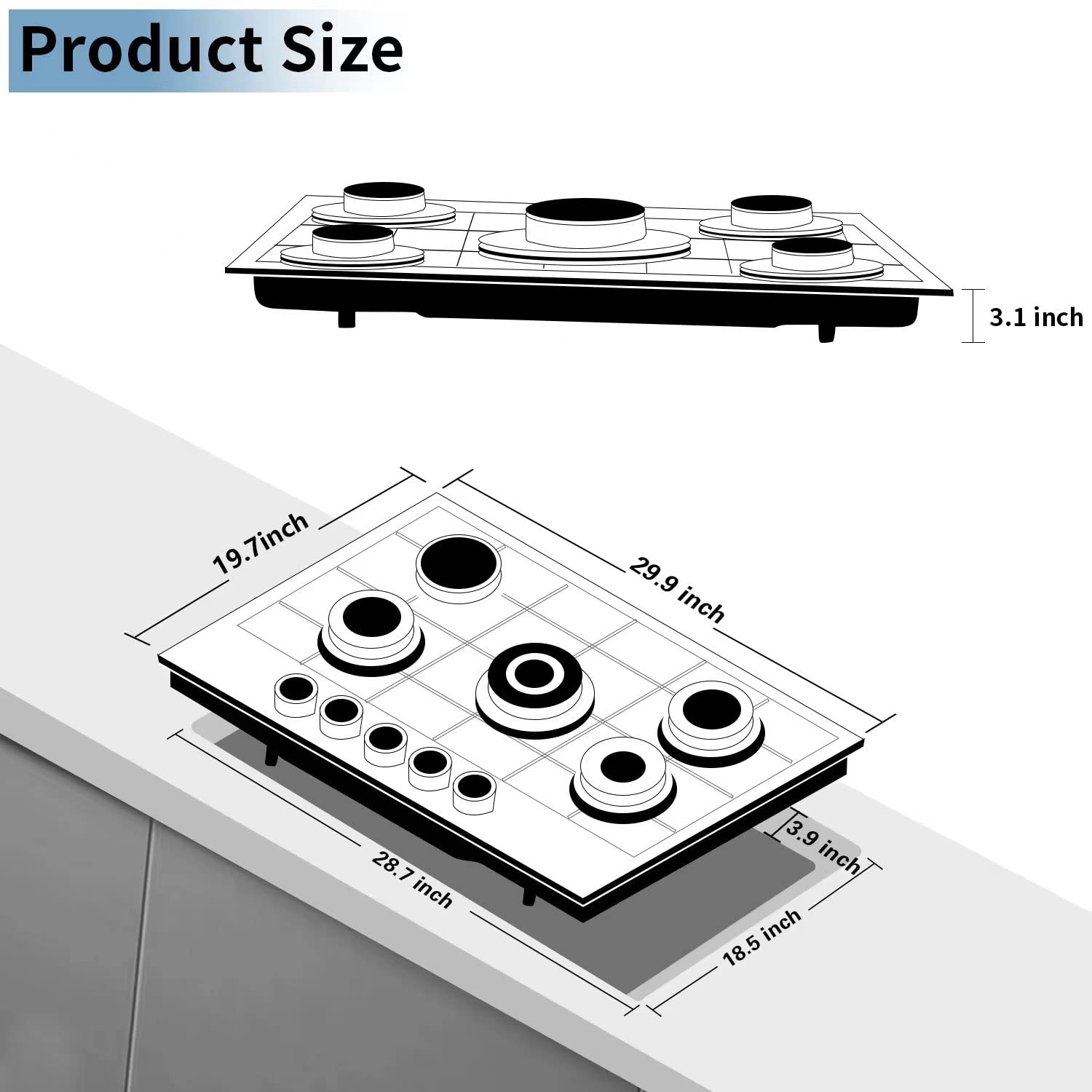 30 Inch 5-Burner Built-In Gas Cooktop - Stainless Steel LPG/NG Dual Fuel Sealed Gas Hob with Wok Stand & Pressure Regulator - Perfect for Home Kitchen, Restaurant & Outdoor Cooking