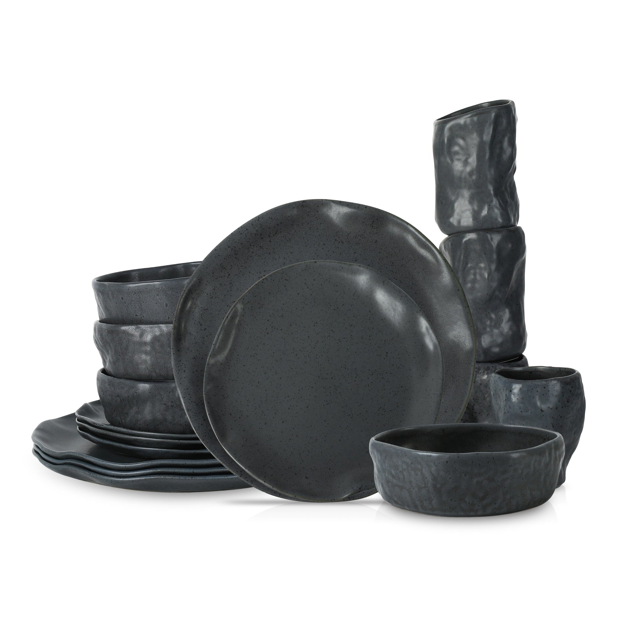 Premium Atik Stoneware Dinnerware Set - Charcoal Black Speckled Ceramic Plates & Bowls for Everyday Dining & Entertaining
