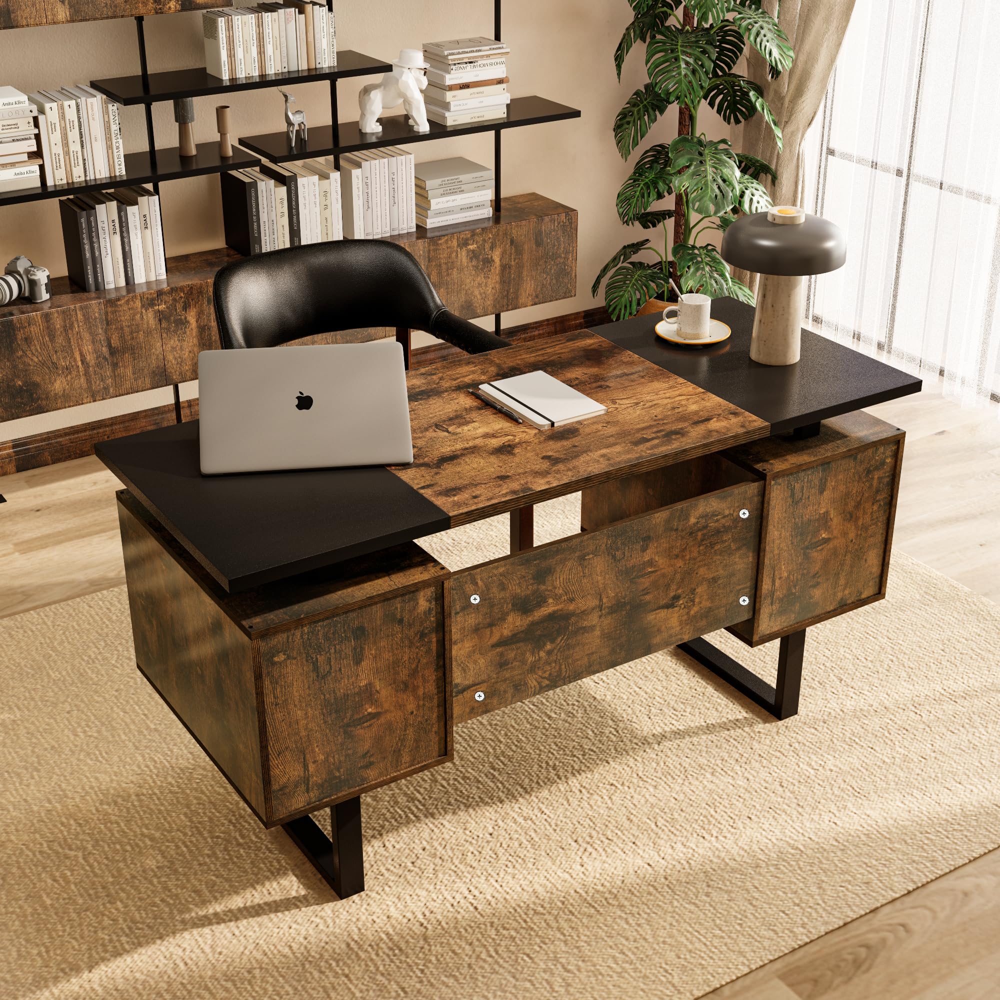 LEEMTORIG 59 Inch Large Computer Desk with Drawers - Modern Industrial Gaming Desk, Study Writing Table Workstation for Home Office, Bedroom (Black & Rustic Brown) | Perfect for PC Gaming, Remote Work & Student Study Spaces