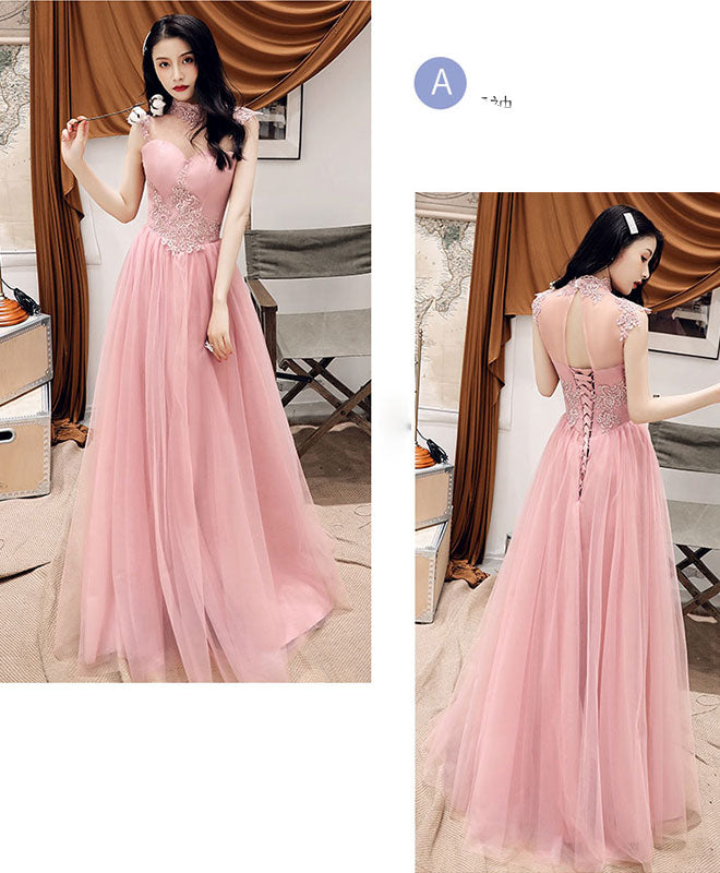 Elegant Pink Tulle Lace Long Prom Dress & Bridesmaid Gown - Perfect for Formal Dances, Weddings & Special Occasions