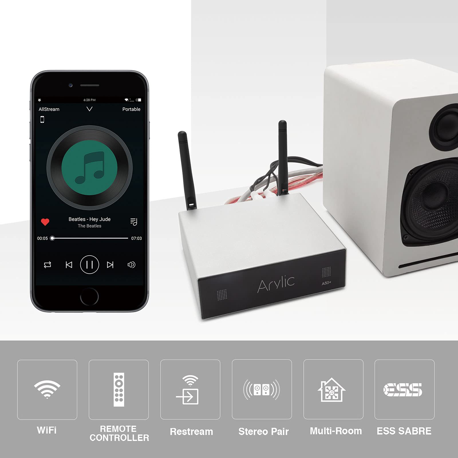 Arylic Up2stream A50+ 50W x 2 Stereo Amplifier - Wireless WiFi & Bluetooth Multiroom Audio System for Home Speakers | Supports AirPlay, Spotify & Tidal | Perfect for Living Room, Bedroom or Office Music Streaming