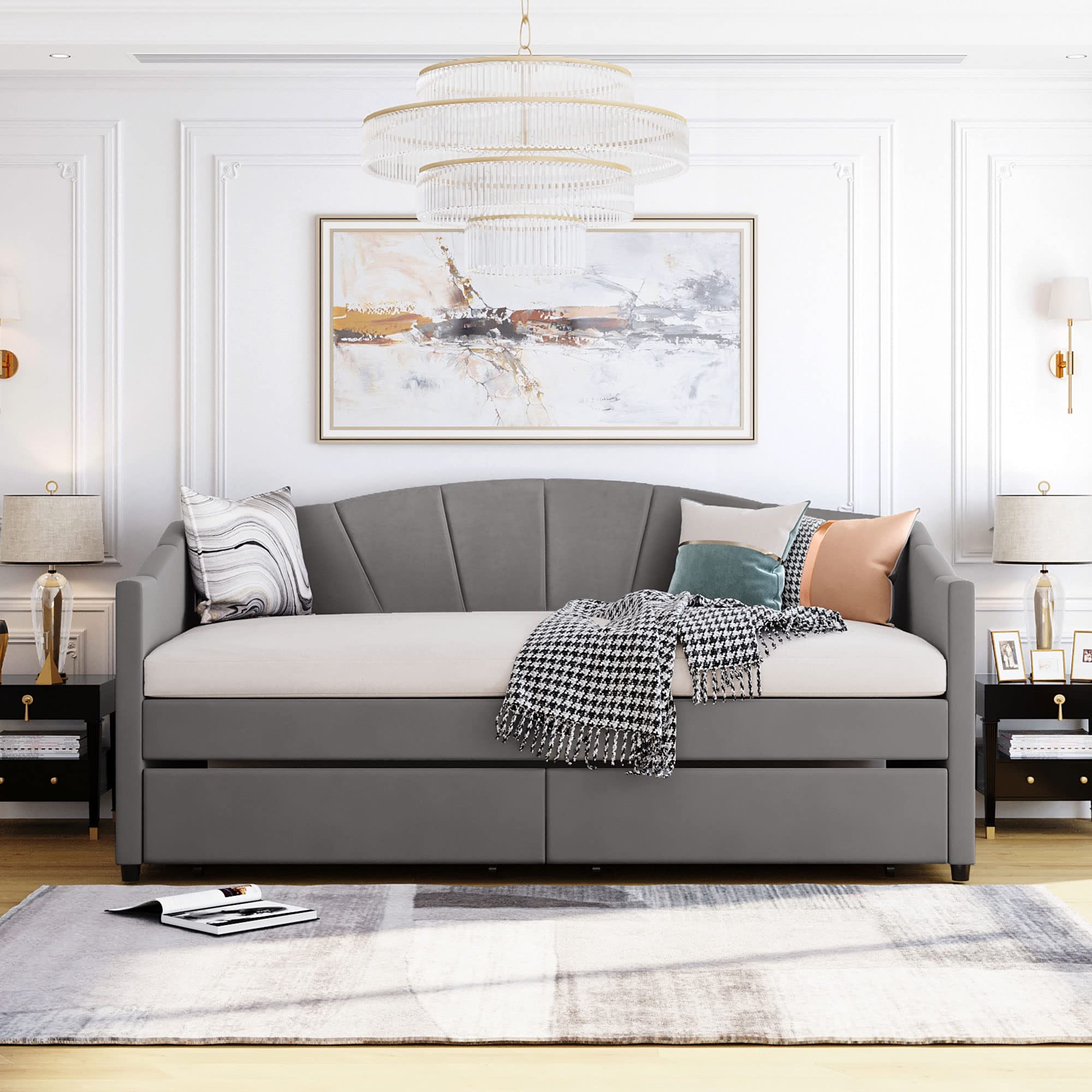 LZ LEISURE ZONE Queen Size Upholstered Daybed with 2 Drawers & Wood Slat Support - Gray Sofa Bed for Guest Room, Living Room or Home Office