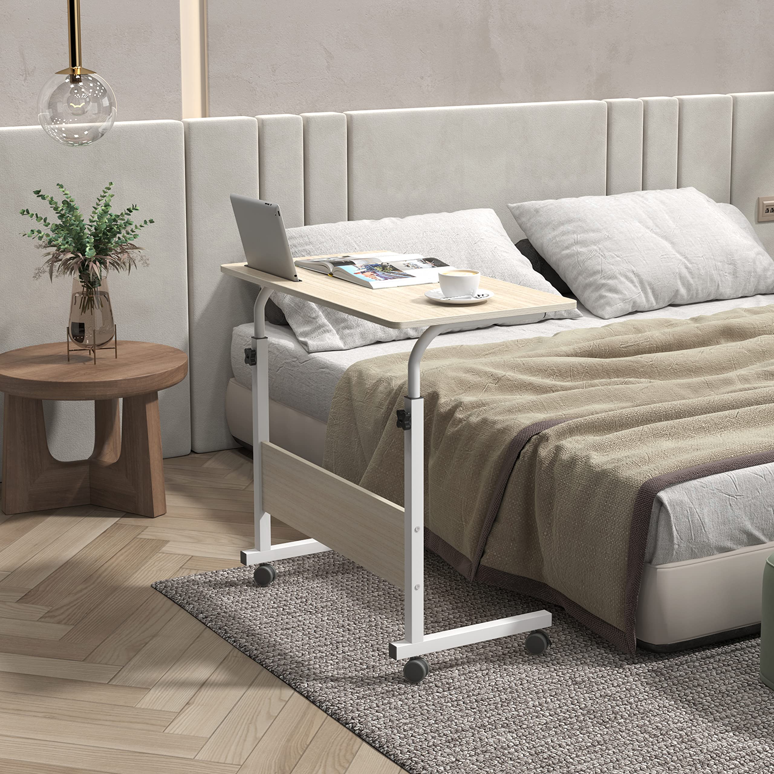 Soges Furniture 31.5 Inch Mobile Side Table with Tablet Slot & Wheels, Adjustable Laptop Desk for Bed & Sofa, Maple Finish – Perfect for Home Office, Living Room, and Small Spaces