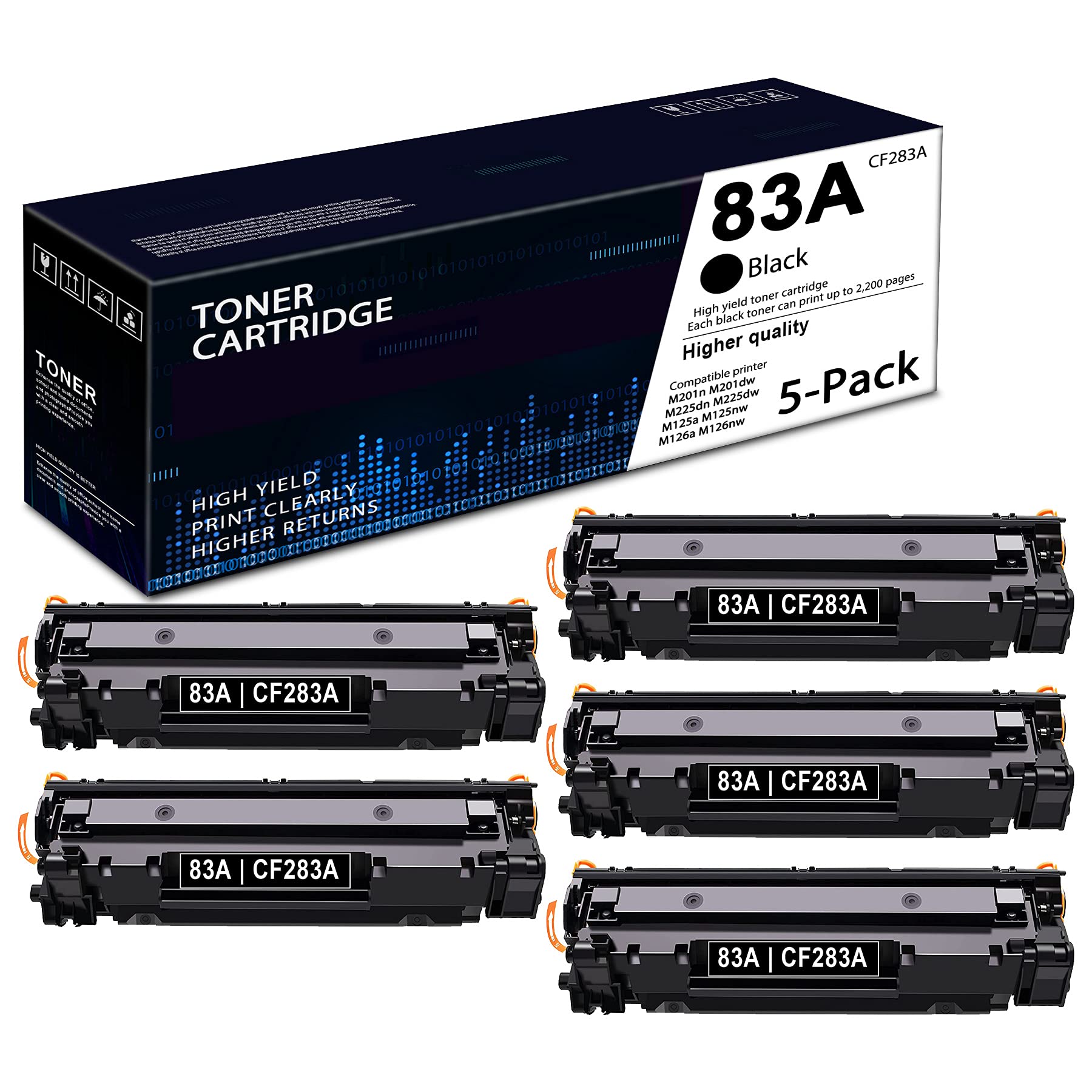 83A Toner Cartridge - 5 Pack Black | Compatible with HP CF283A, Pro MFP M225dw, M126a, M126nw, M125r, M125ra, M225dn, M125a, M125nw, M127f, M128fn, M128fp, M125rnw, M127fn, M128fw Printers | High-Quality Replacement for Home & Office Printing