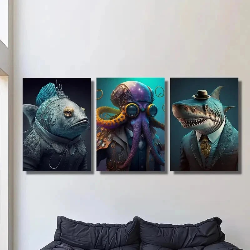 3-Piece Steampunk Octopus, Dolphin & Fish in Suits Metal Wall Art - Ready to Hang Home Decor for Living Room, Office & Bedroom