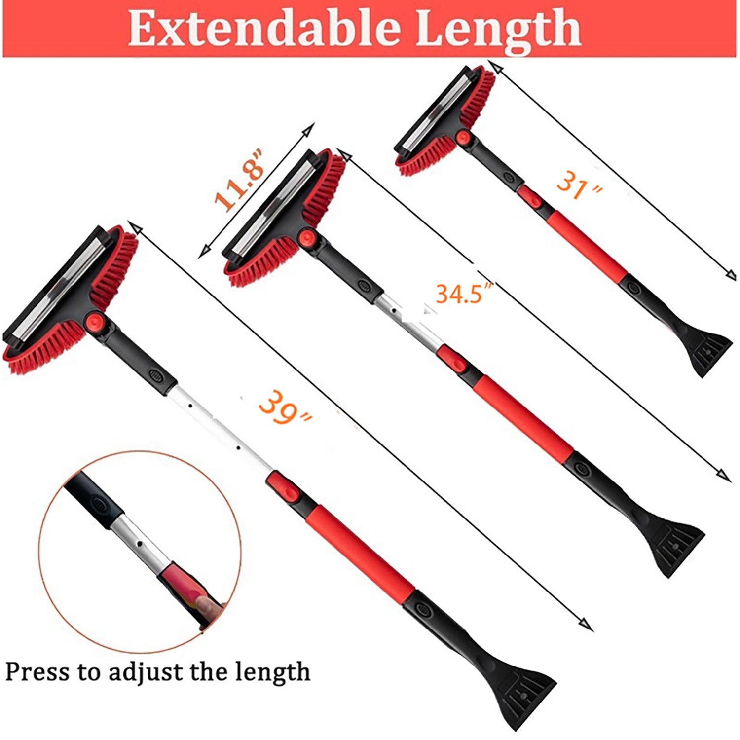 31-39 Inch Adjustable Snow Shovel with Ice Scraper & Broom - Heavy Duty Extendable Snow Removal Tool for Driveway, Sidewalk & Car - Winter Essential for Home & Outdoor Use