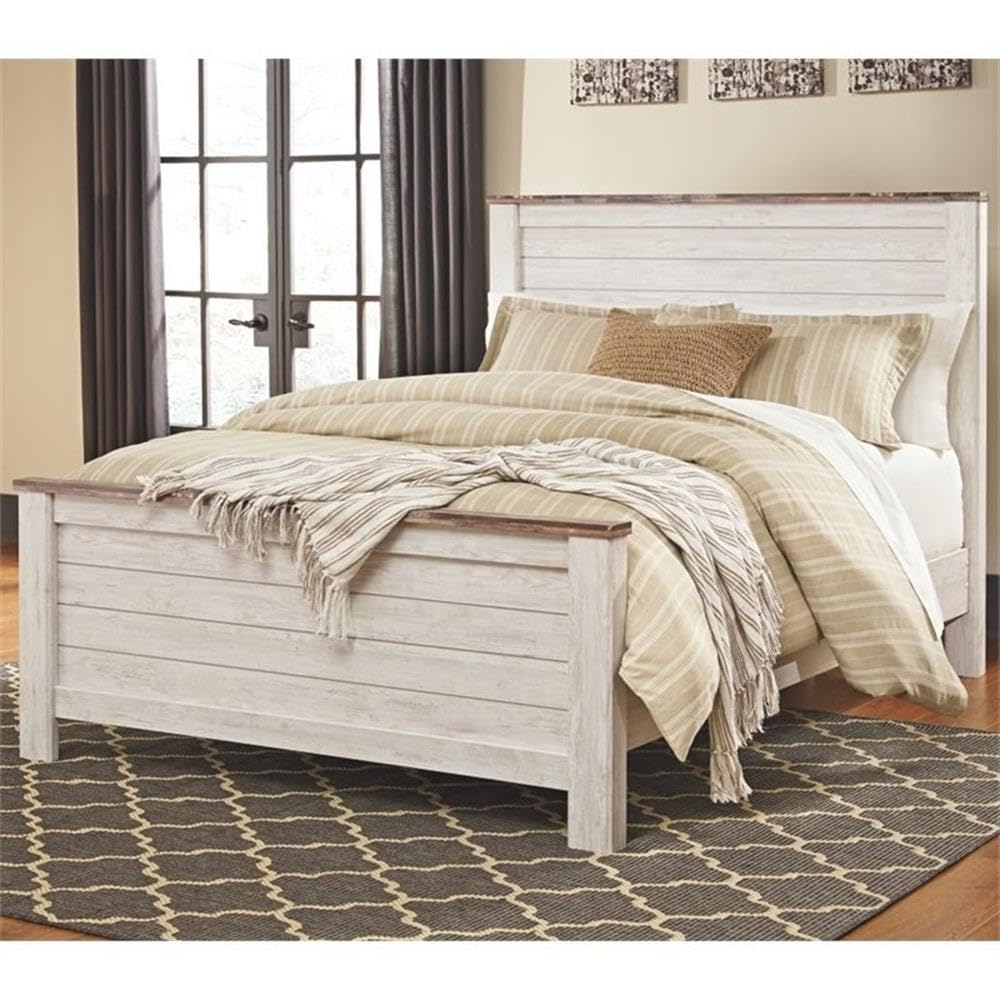 BOWERY HILL White Queen Size Wooden Panel Bed with Headboard & Footboard - No Box Spring Required, Easy Assembly for Bedroom, Guest Room, or Dorm