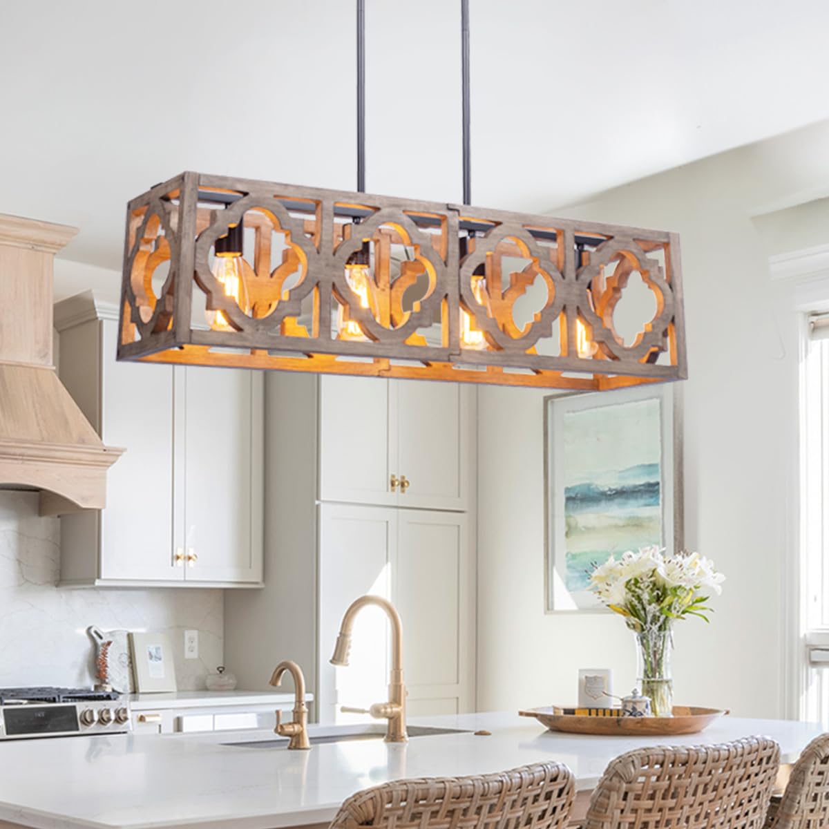 Farmhouse Rectangle Wood Kitchen Island Pendant Light - 4-Light Industrial Linear Chandelier for Dining Room, Living Room & Foyer - Rustic Lighting Fixture for Modern Farmhouse, Restaurant & Coffee Shop Decor