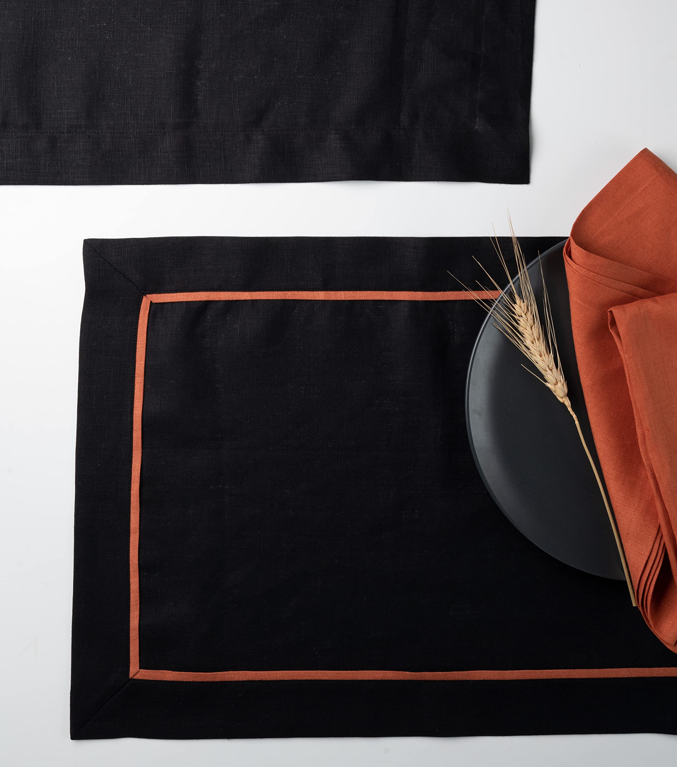 D'Moksha Homes 100% Pure Linen Placemats Set of 4 - Black with Pumpkin Trim (14x19 Inch) | Machine Washable Table Mats for Dining, Spring Decor & Holiday Entertaining | Elegant & Durable Fabric Place Settings