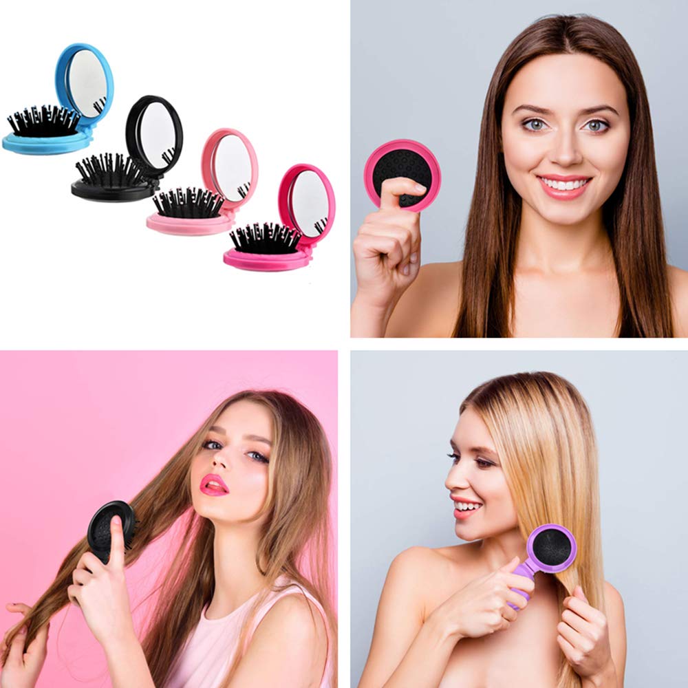 4 Pack Folding Travel Hair Brush with Mirror - Mini Round Pocket Hair Comb for Women & Girls, Compact Hair Massage Comb for On-the-Go, Gym, Purse & Travel Essentials (Black)