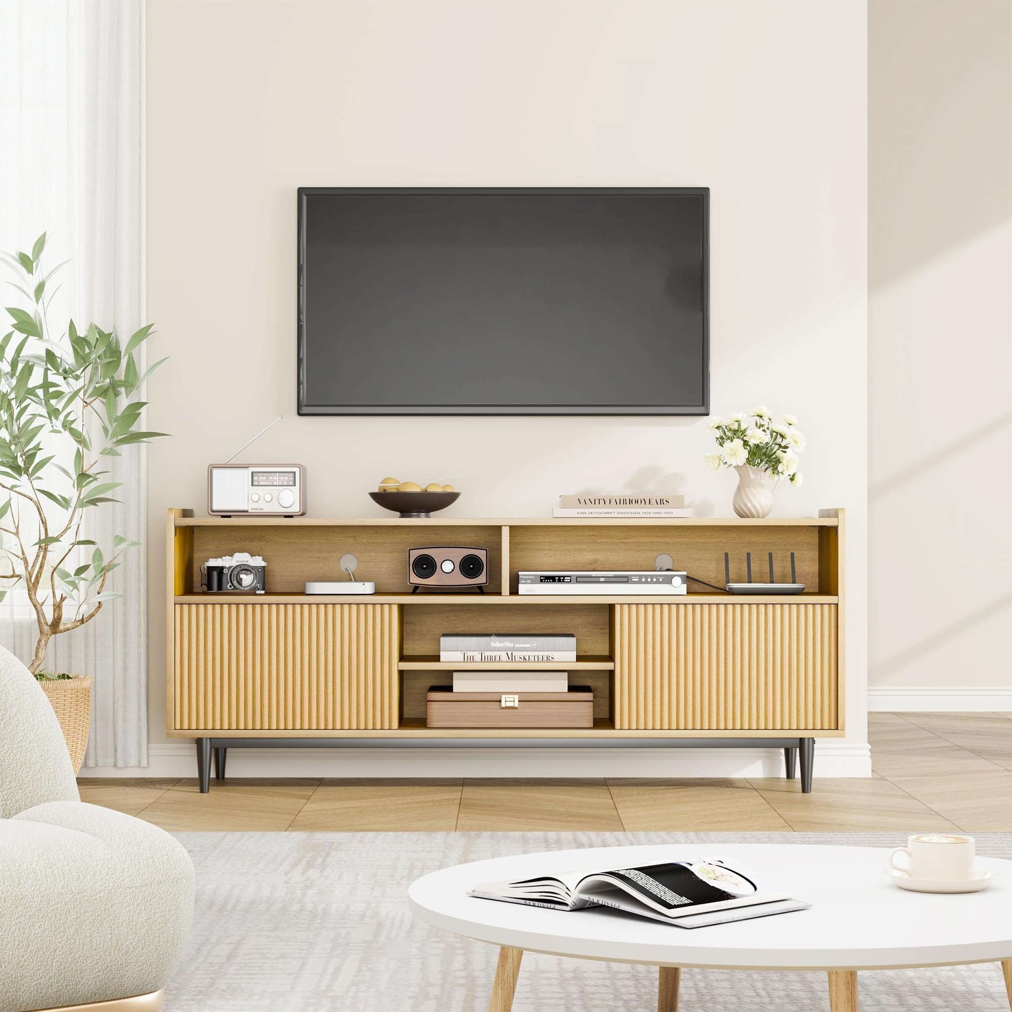 80 Inch Fluted TV Stand - Boho Style Entertainment Center with Sliding Doors, Adjustable Shelves Wood Media Cabinet for Living Room & Bedroom - Natural Oak Finish - Perfect for Modern Home Decor & Entertainment Setup