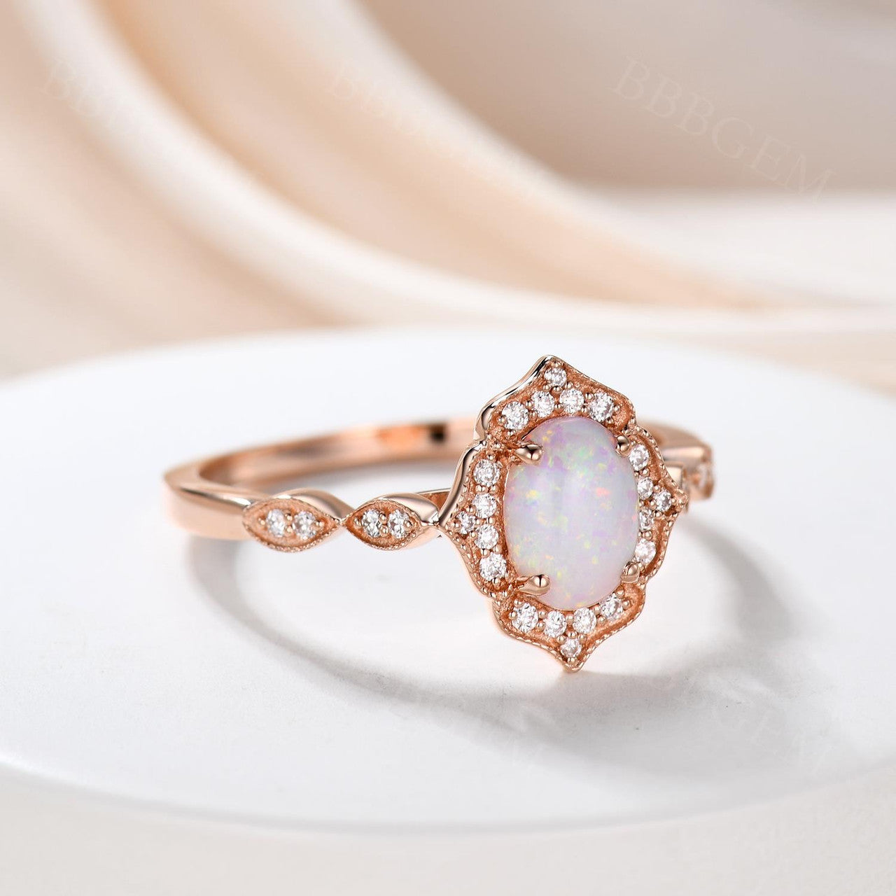 Vintage Floral Oval Cut Opal Engagement Ring with Halo Rose Gold Marquise 1/4 Diamond Band - Perfect for Wedding, Proposal & Anniversary Gifts