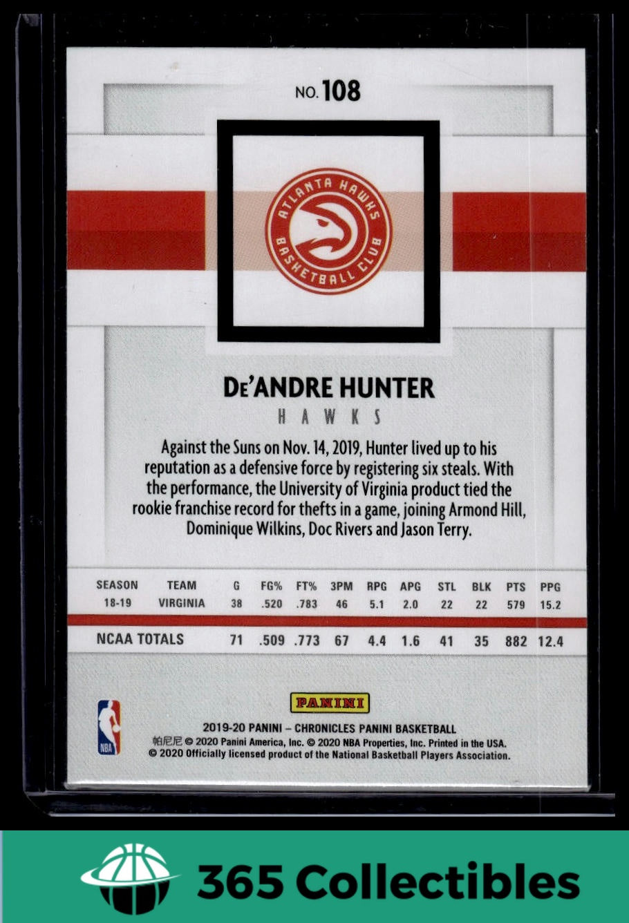 2019-20 Panini Chronicles De'Andre Hunter Pink #108 Basketball Card - Atlanta Hawks Rookie - Collectible Sports Memorabilia for Fans and Card Enthusiasts