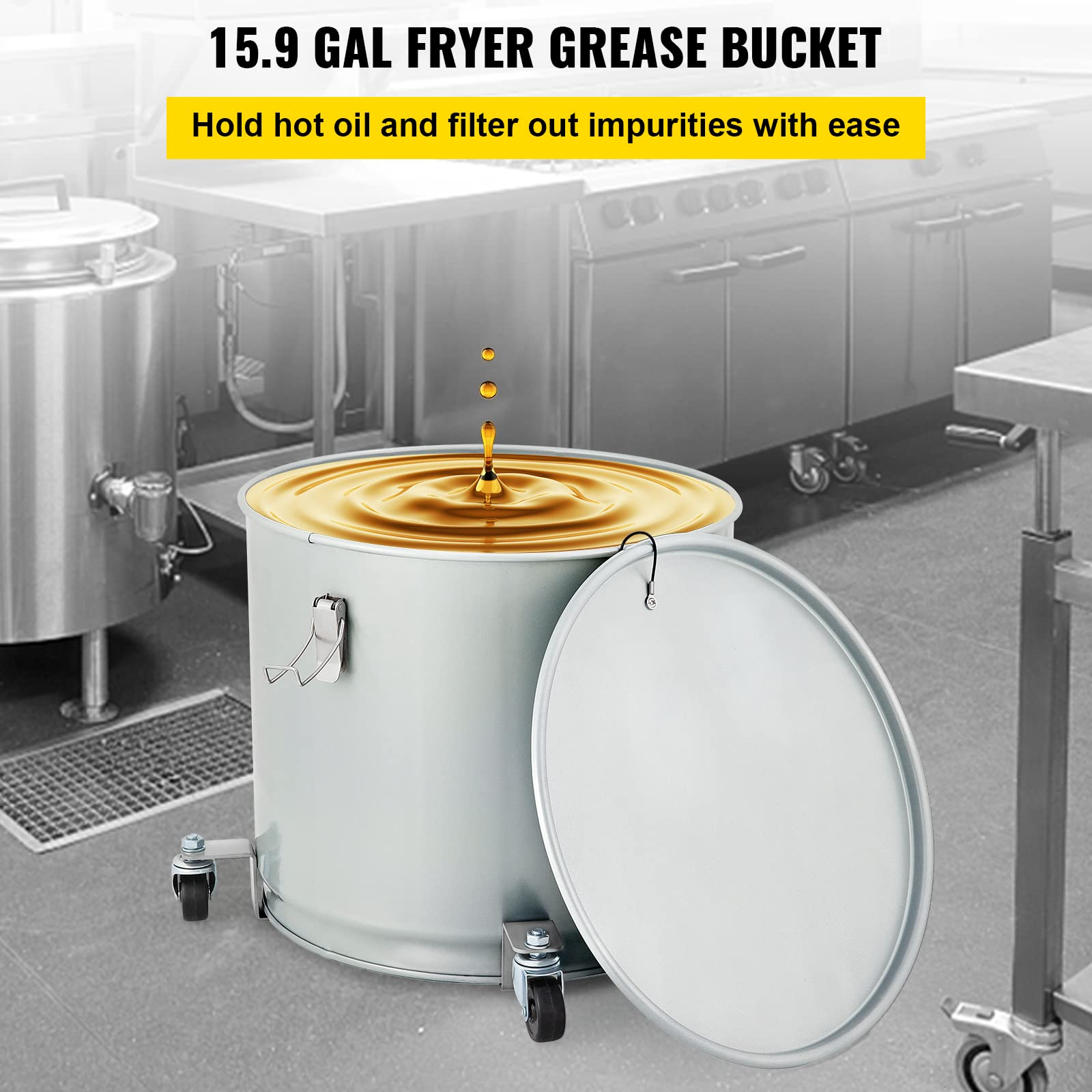 VEVOR 15.9 Gallon Commercial Deep Fryer Grease Bucket - 60L Coated Carbon Steel Oil Filter Pot with Caster Wheels, 123 LBS Capacity Oil Disposal Caddy, Locking Lid & Nylon Filter Bag - Perfect for Restaurants, Food Trucks & Commercial Kitchens