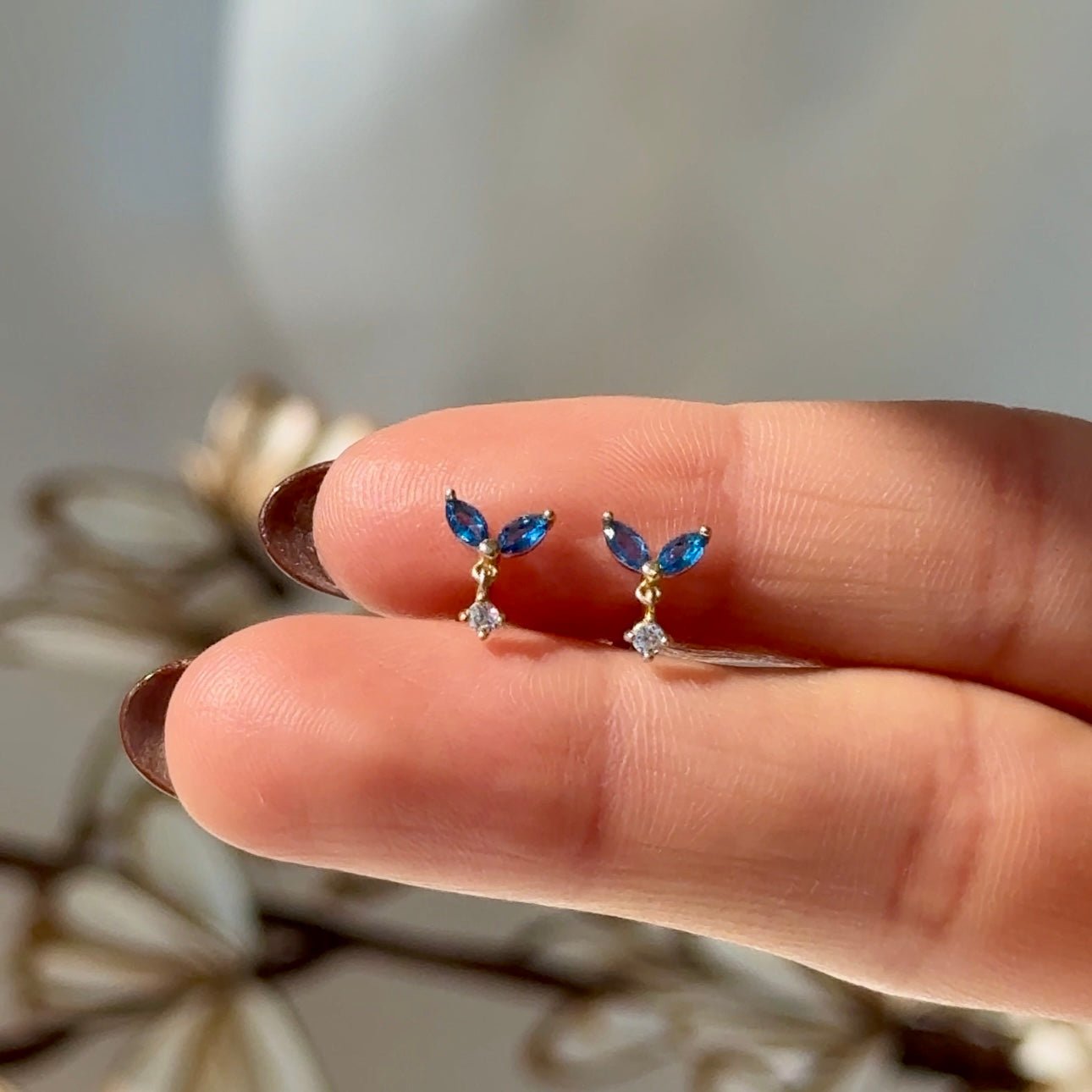 14K Yellow Gold Blue Topaz Double Marquise Drop Stud Earrings – Elegant Flat Back Design for Women, Perfect for Weddings, Parties & Everyday Wear