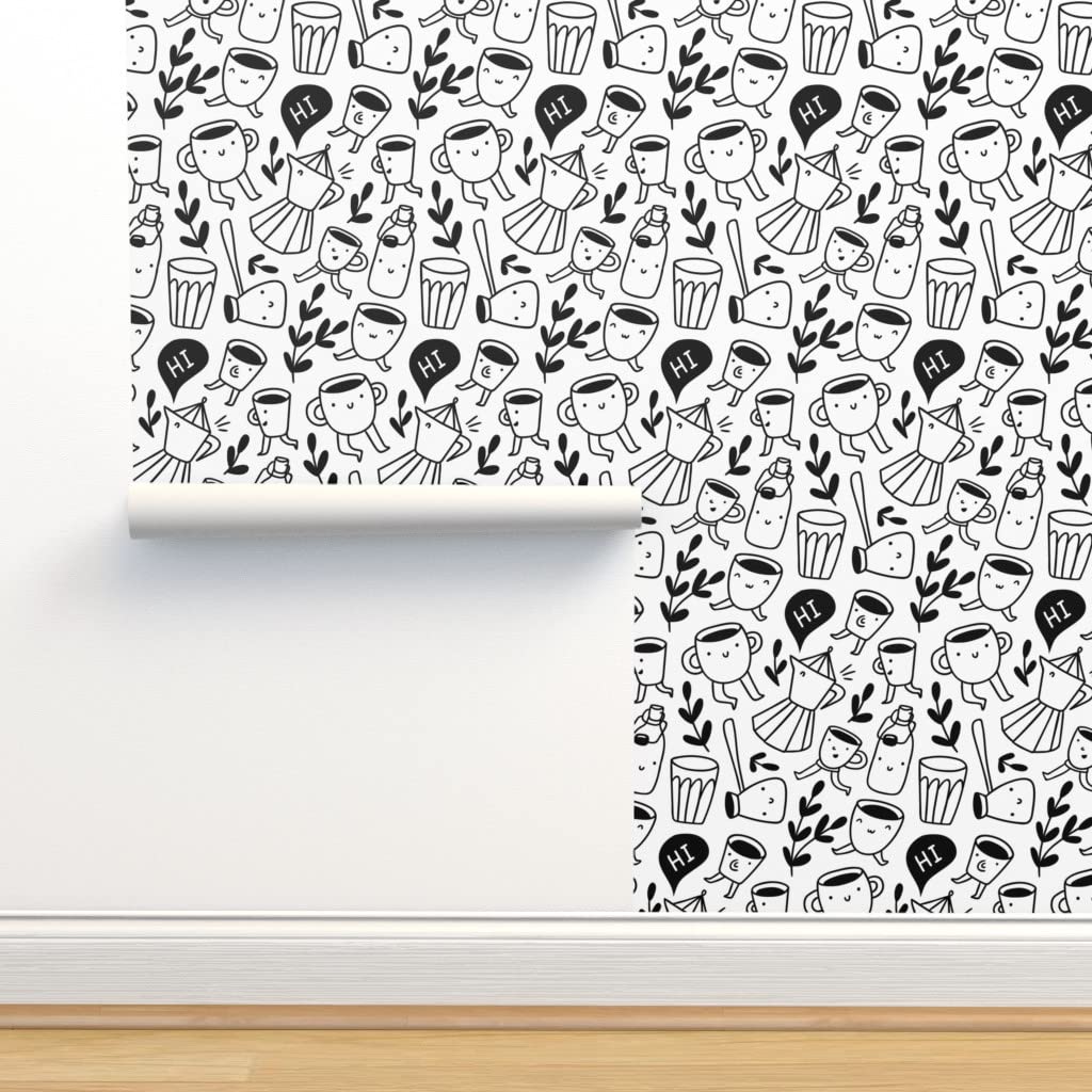 Peel & Stick Wallpaper 9ft x 2ft - Doodle Coffee Illustration Design, Food & Friends Theme, Custom Removable Self-Adhesive Wallpaper by Spoonflower | Perfect for Bedroom, Kitchen, Office & Dorm Decor