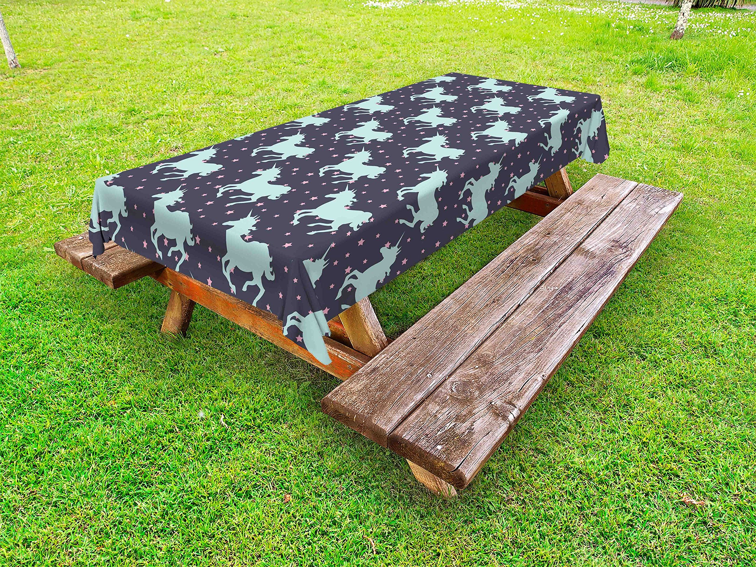 Ambesonne Unicorn Outdoor Tablecloth - Magic Unicorn with Sparkling Stars Design, Dark Blue and Pink Washable Picnic Table Cover, 58
