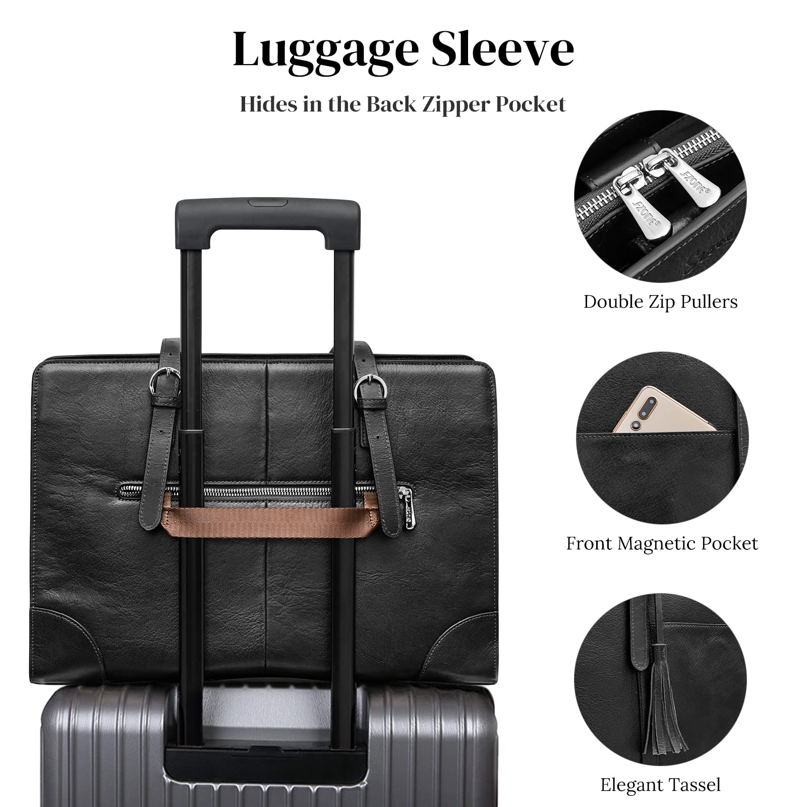 S-ZONE Genuine Leather Laptop Tote Bag for Women - Professional 15.6 Inch Work Bag with Trolley Sleeve & Spacious Compartments | Perfect for Business Travel, Office Commute & Daily Work Essentials