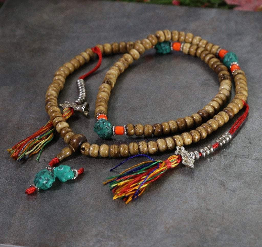 Authentic Tibetan Bone Mala Prayer Beads with Turquoise & Coral Accents - Meditation, Yoga & Spiritual Practice Accessory