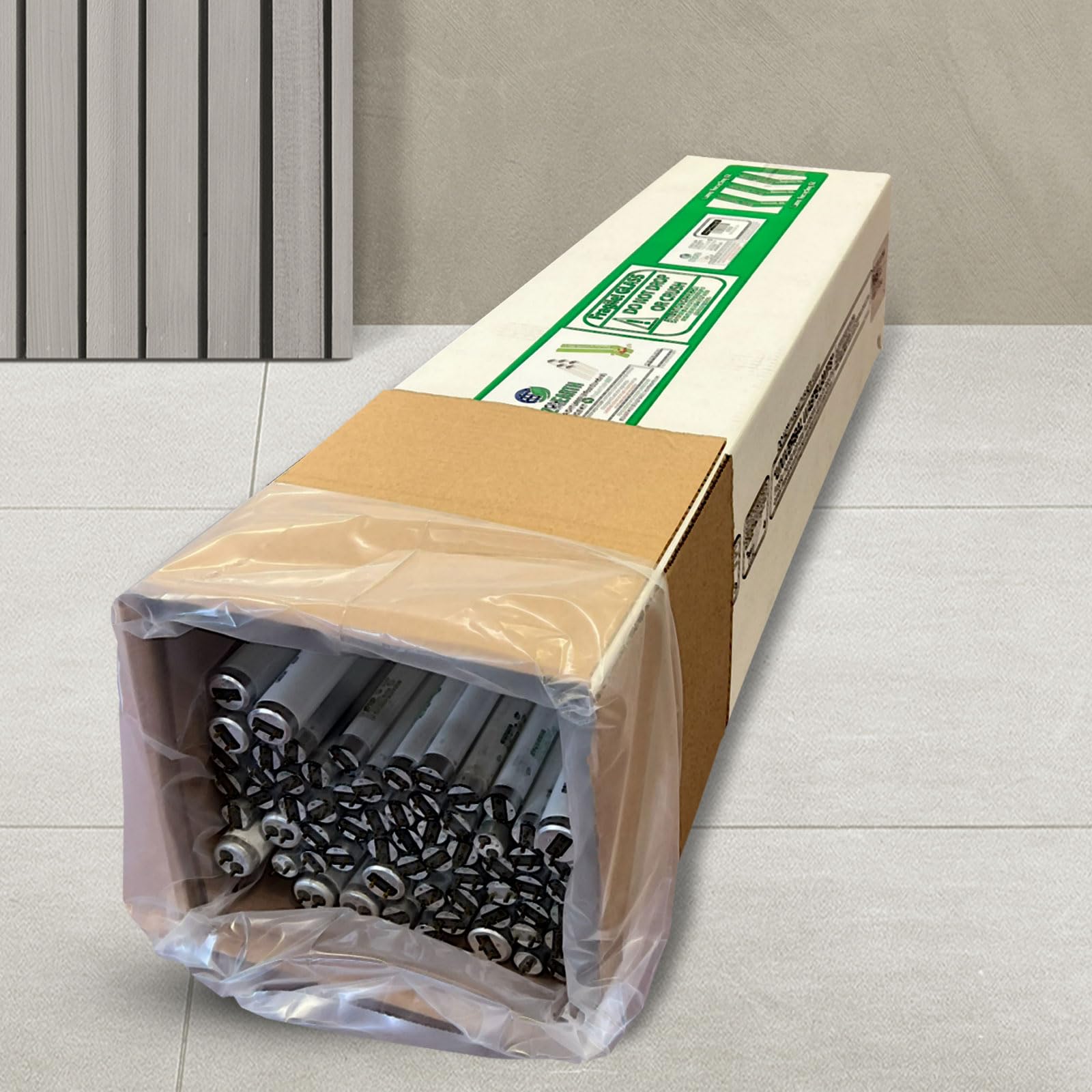 Eco-Friendly Recycling Box for Straight Lamps – Prepaid Mail Back Kit Holds 27 T12 or 64 T8 Fluorescent Tubes (4 Foot Standard Size) | Safe Disposal for Offices, Schools & Commercial Buildings