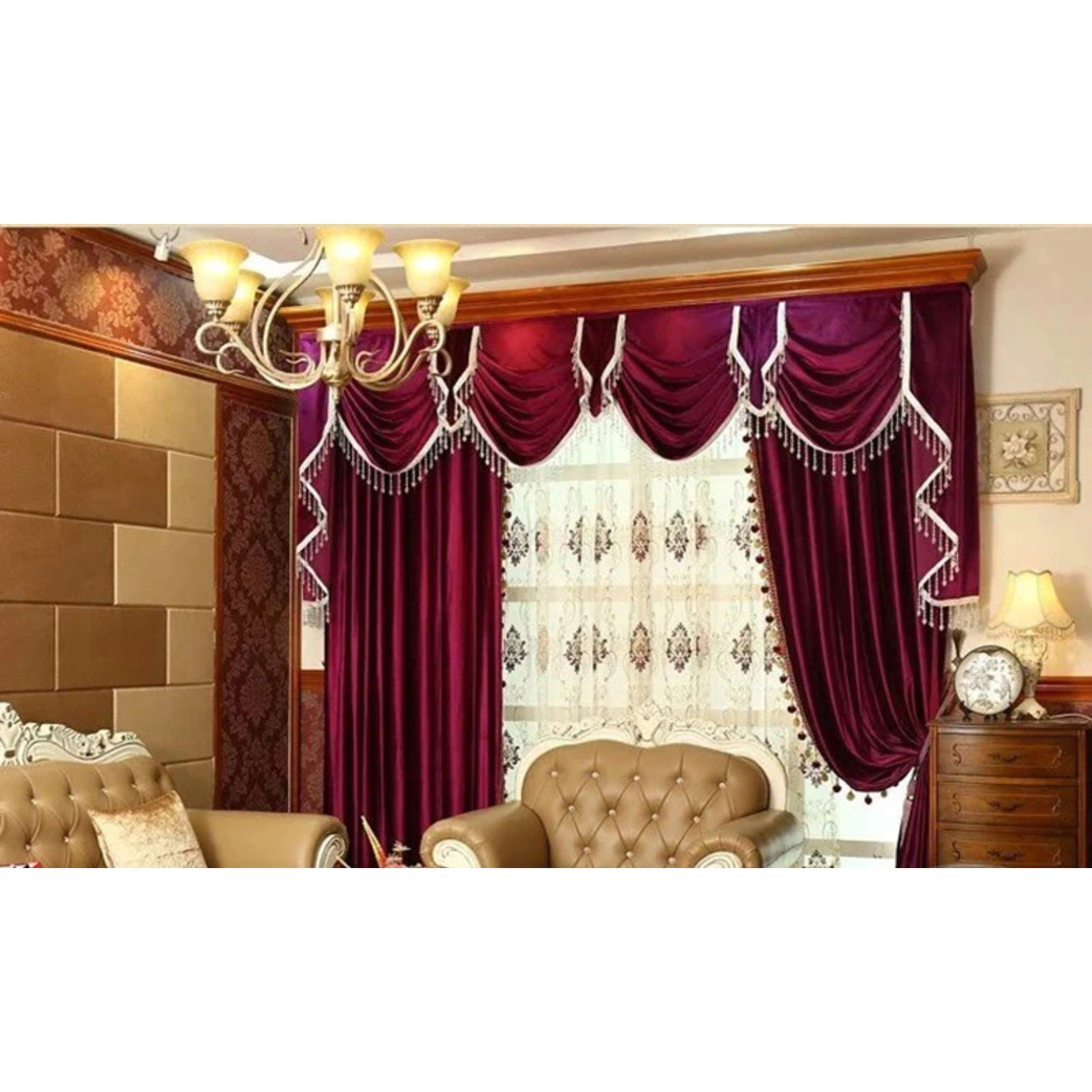 Luxury Mila Haute Couture Italian Velvet Curtains with Pompom Lace Trim - Burgundy Wine Red - Perfect for Living Room, Bedroom & Wedding Decor