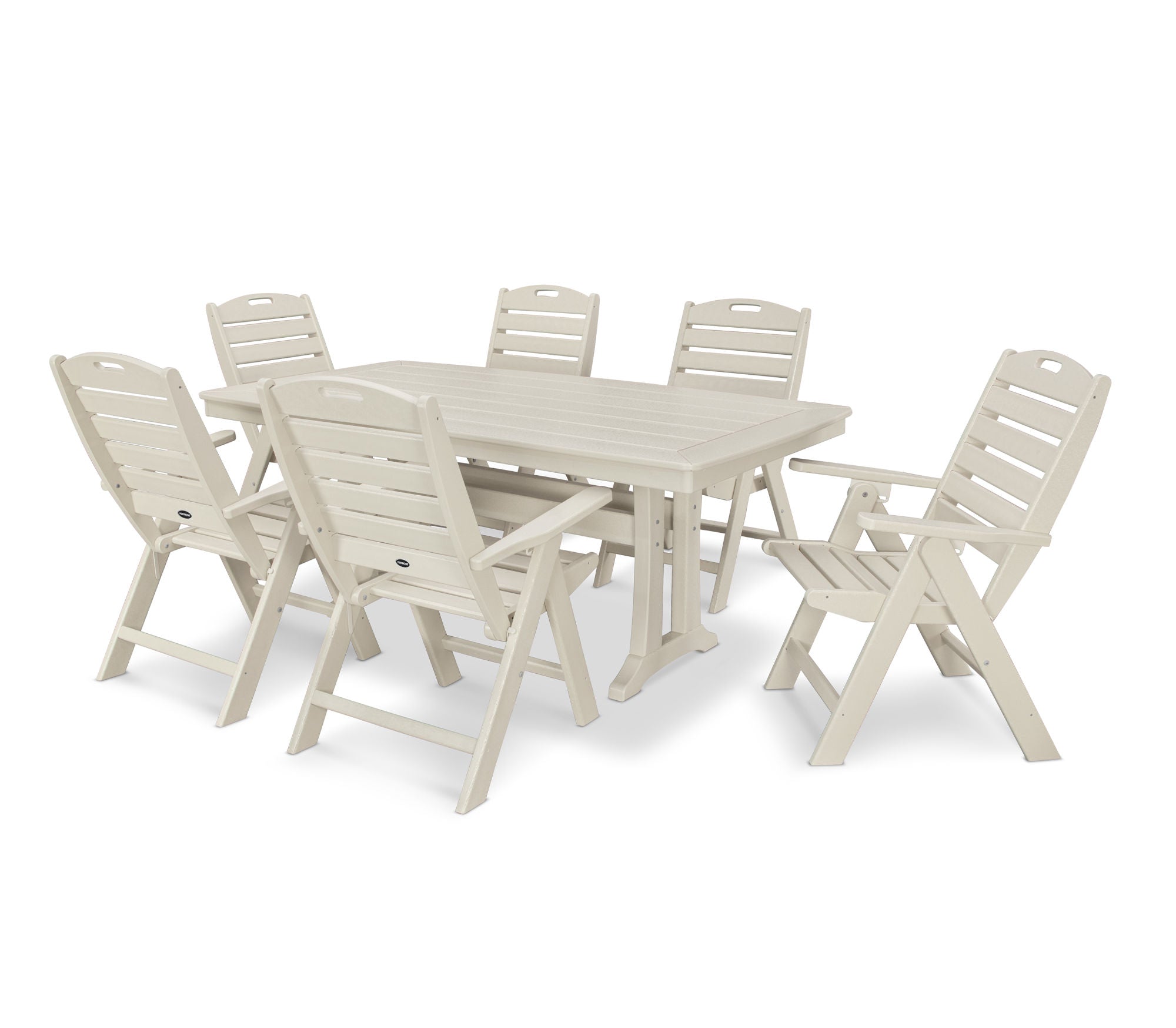 POLYWOOD 7-Piece Nautical Folding Highback Chair Dining Set with Trestle Legs - Outdoor Patio Furniture for Beach House, Poolside & Coastal Decor
