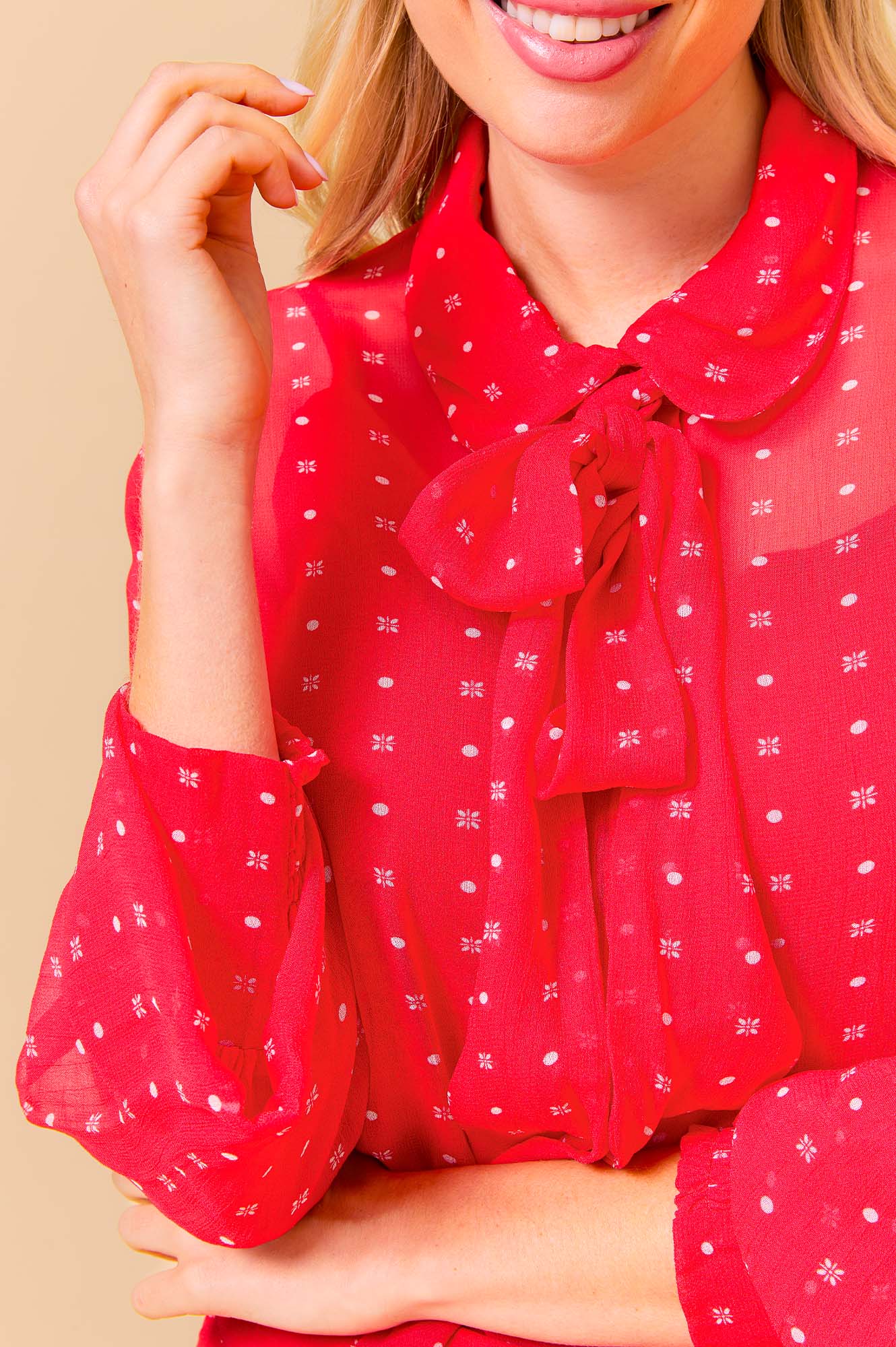 Ffion Women's Polka Dot Blouse - Red & White Floral Print Top for Casual Wear & Office Outfits