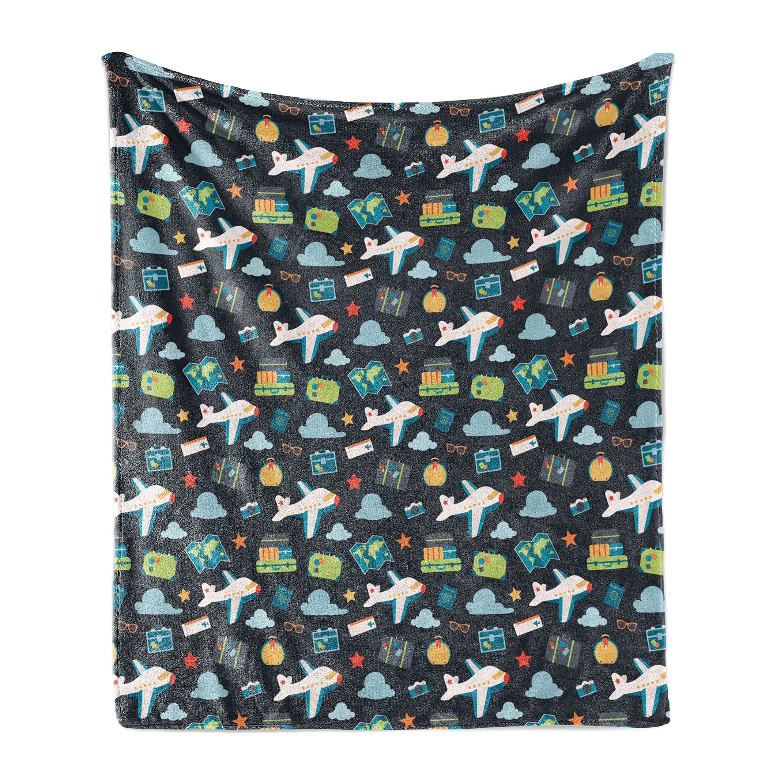 Ambesonne Airplane Themed Fleece Throw Blanket - Doodle Style Design with Suitcases, Clouds, Stars & Cameras - Soft Flannel Couch Cover for Adults (60