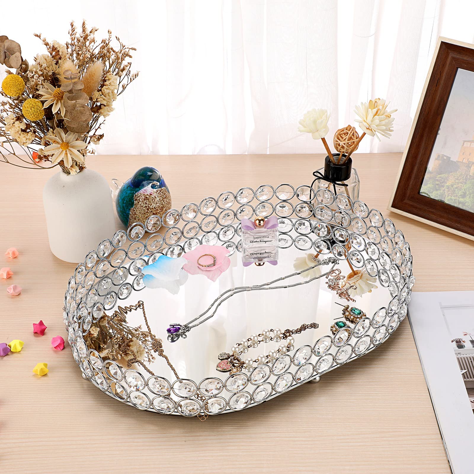Hipiwe Large Crystal Vanity Tray - Mirrored Dresser Perfume & Makeup Organizer for Jewelry, Cosmetics & Skin Care Storage | Elegant Bathroom Countertop & Home Decor Accessory | Perfect for Bedroom, Dresser & Vanity Table Organization