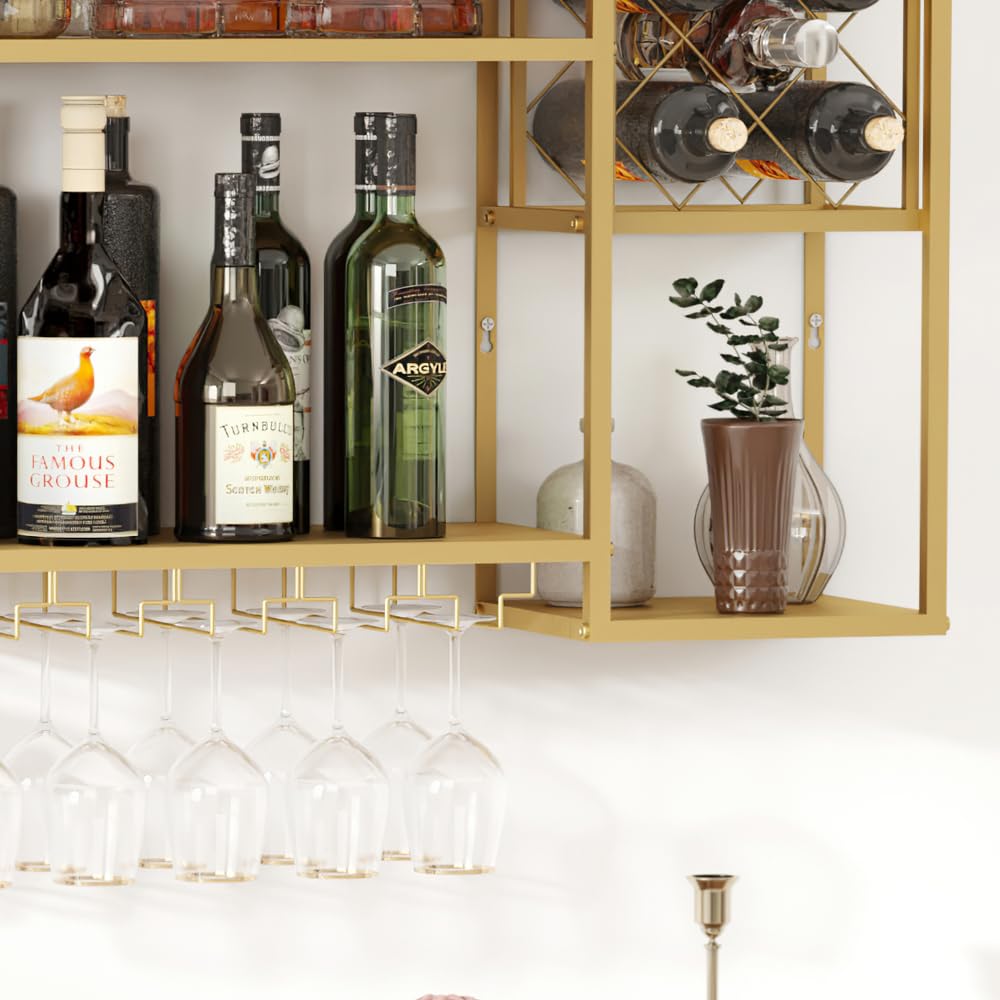 2-Tier Metal Wall Mounted Wine Rack with Glass Holder - Floating Bar Shelves for Liquor Bottle Display - Gold Home Bar & Kitchen Decor for Dining Room | Perfect for Small Spaces & Entertaining Guests