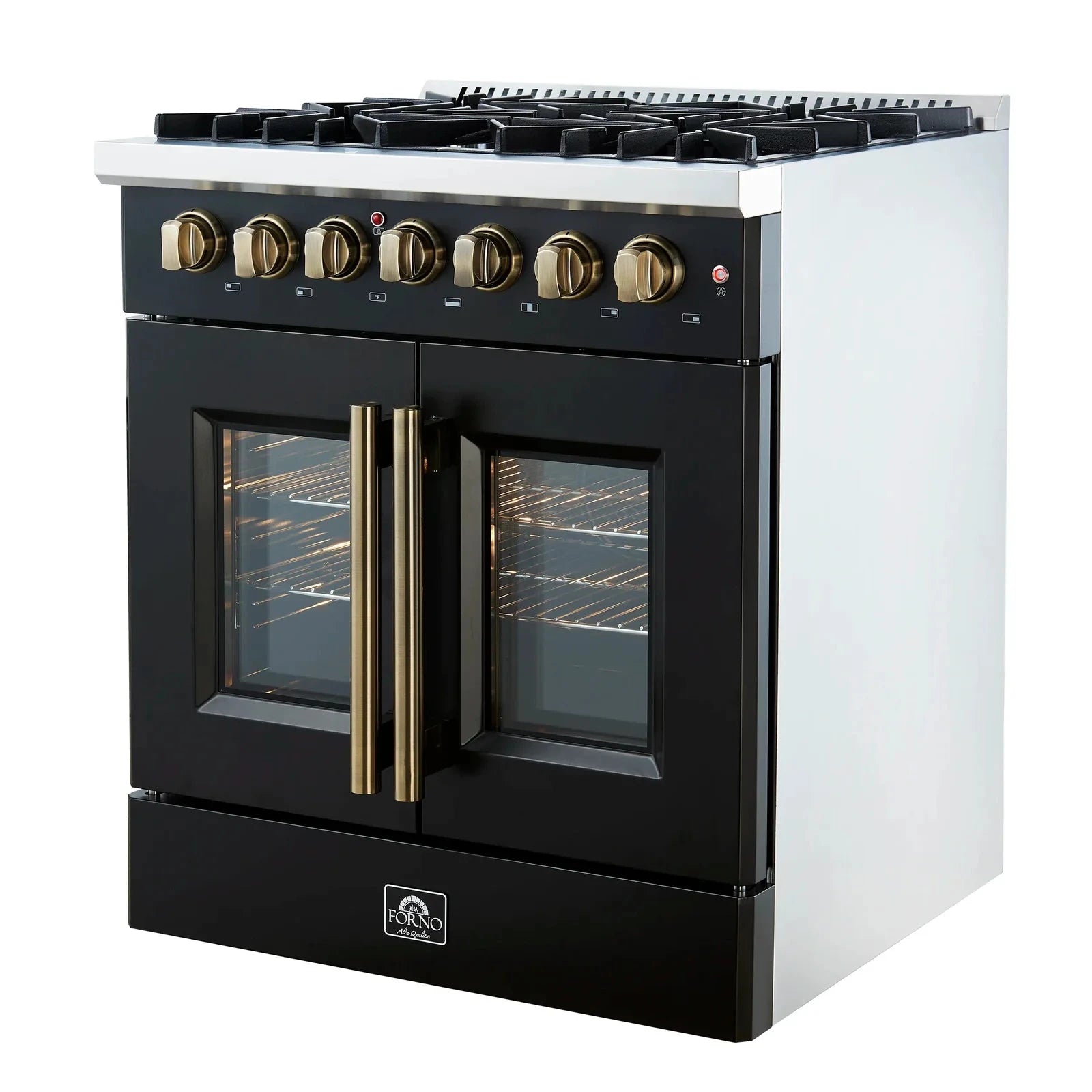 Forno Galiano 30-Inch French Door Dual Fuel Range with 5 Gas Burners & Electric Convection Oven - Black Finish with Antique Brass Trim (Model FFSGS6356 30BLK) - Perfect for Gourmet Cooking, Entertaining & Modern Kitchens