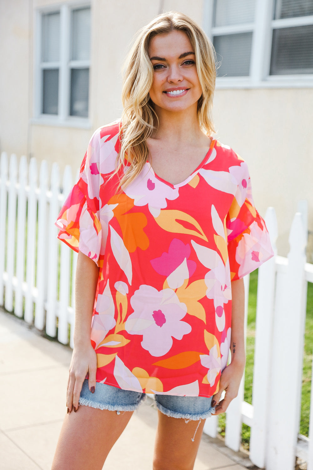 Haptics Tropical Vibes Peach Floral Dolman Ruffle Sleeve Blouse - Women's Casual Summer Top for Beach Vacation & Boho Outfits
