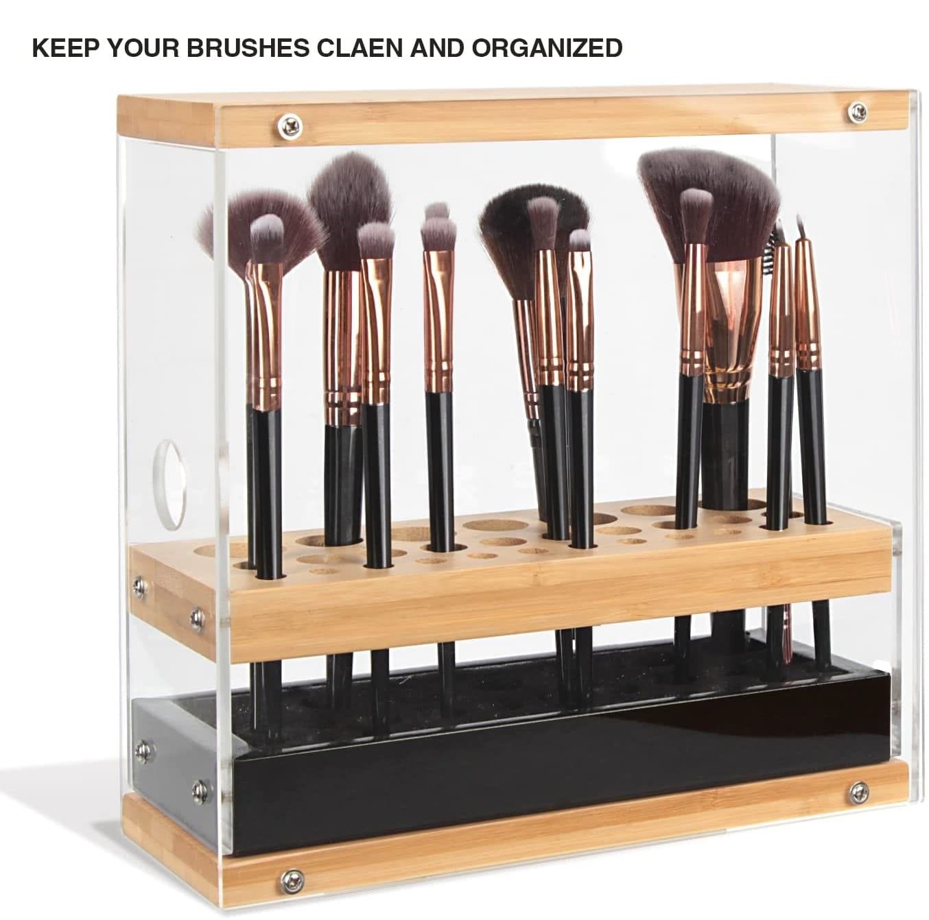 31-Hole Acrylic Bamboo Cosmetic Brush Organizer with Leather Drawer - Black Beauty Display Stand (22.3 x 8.6 x 21.5 cm) - Perfect for Makeup Vanity, Salon & Bathroom Storage