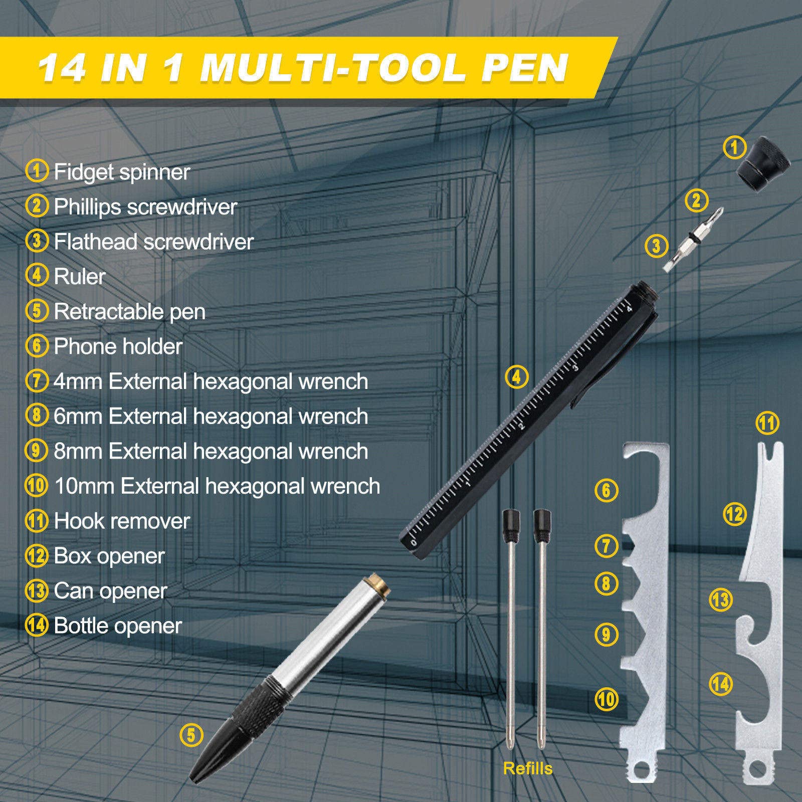 14-in-1 Multitool Fidget Pen with Screwdrivers, Ruler & Openers - EDC Essential Gadget for Men, Perfect Gift for Dad, Husband & Him - Office, Camping, Travel & Everyday Carry Tool