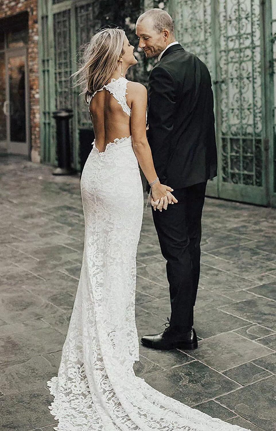 Bohemian Mermaid Wedding Dress with Lace Detailing - Ivory Beach & Garden Bridal Gown with Pockets | Perfect for Outdoor, Destination, and Boho-Chic Weddings