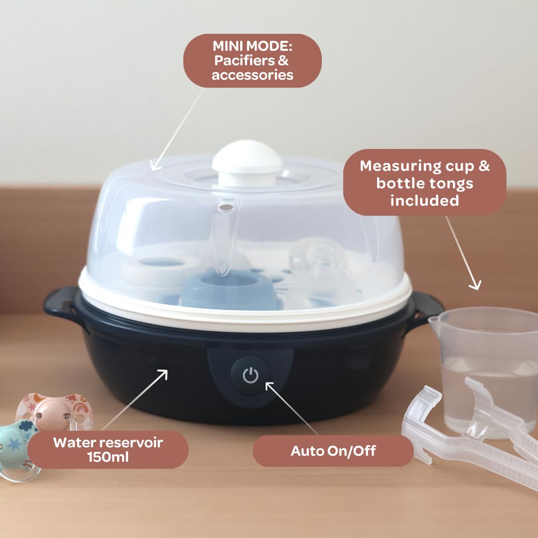 BEABA Steril' Express 2-in-1 Baby Bottle Sterilizer - Fast 6-Minute Steam Sterilization, Auto Shut Off, Safe for Bottles, Pacifiers & Breast Pump Parts - Perfect for Nursery, Travel & Midnight Feedings