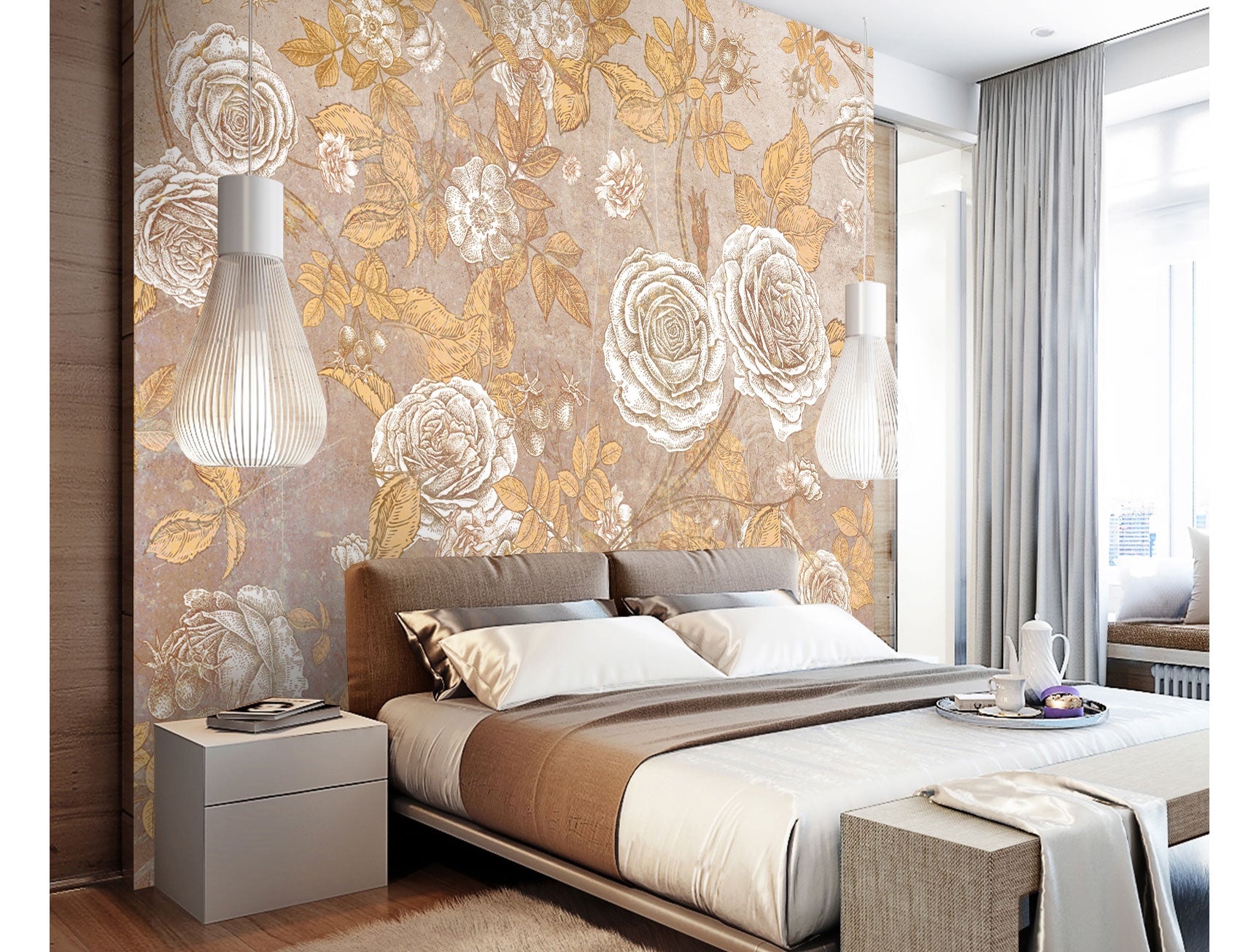 Gold Floral Mural Wallpaper M1213 - Elegant Home Decor for Living Room, Bedroom & Dining Area