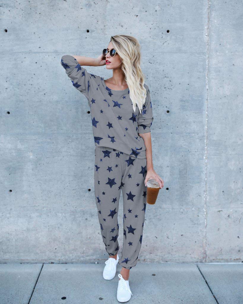 2-Piece Women's Casual Tracksuit Set - Long Sleeve Star Print Sweatshirt & Jogger Pants Outfit | Comfortable Lounge Wear for Home, Gym & Street Fashion