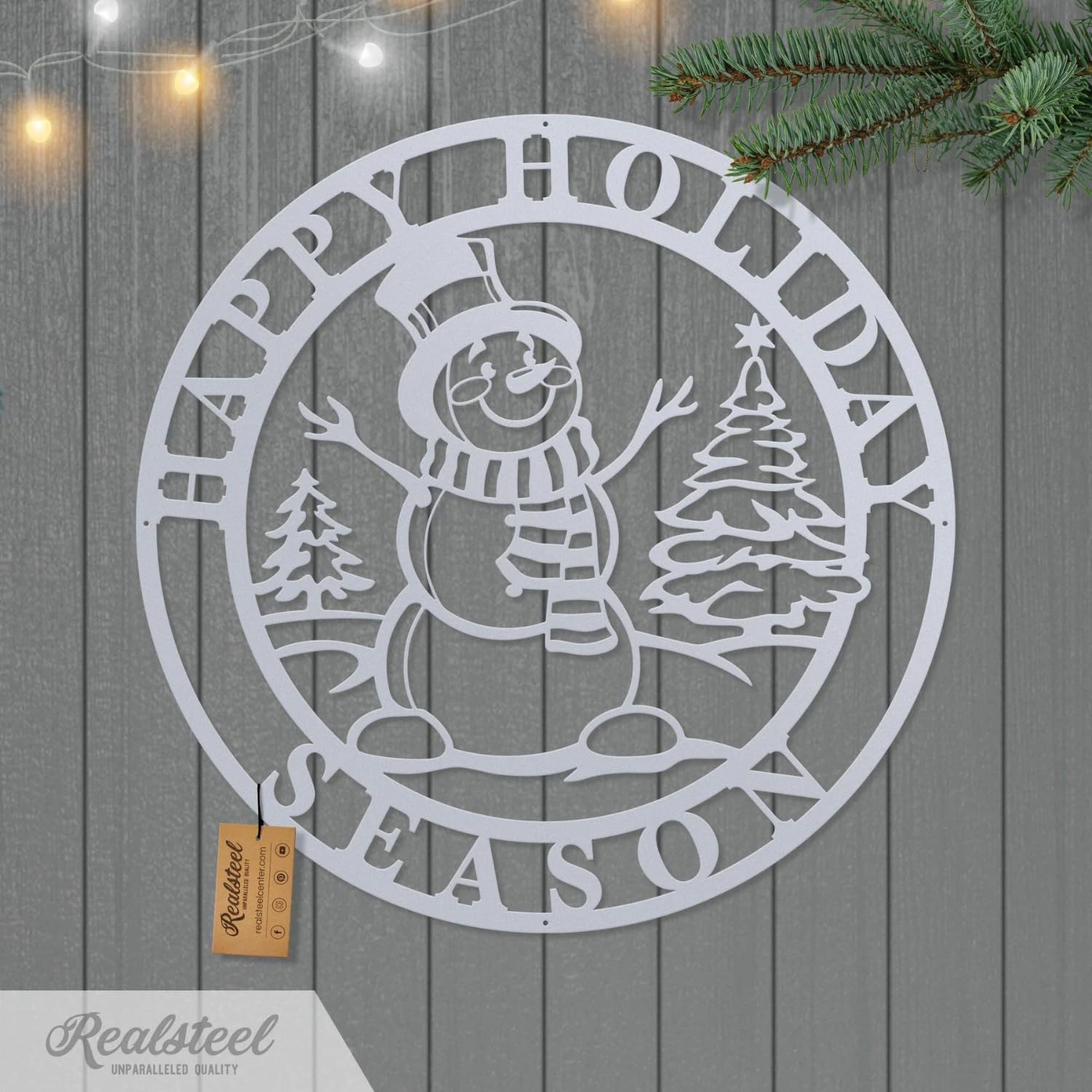 RealSteel Metal Wall Art - Happy Holiday Season Snowman Sign - Christmas Wall Decor, Snowman Artwork - Holiday Winter Decoration - 24