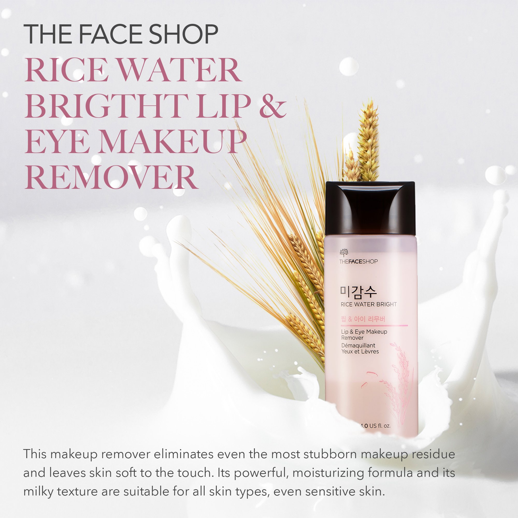 The Face Shop Oil-Free Liquid Eye Makeup Remover - Gentle K-Beauty Formula for Waterproof Mascara & Eyeliner Removal with Natural Rice Water Extract (120mL/4oz) - Perfect for Sensitive Eyes & Nighttime Skincare Routine