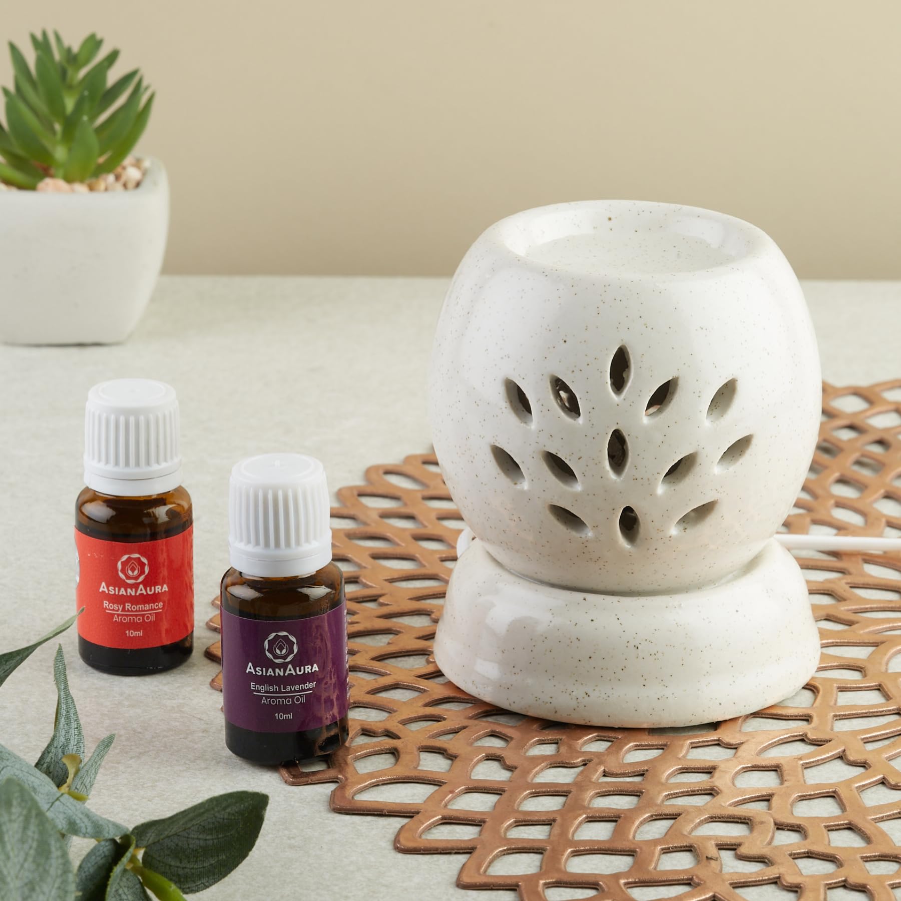 Asian Aura Handcrafted Ceramic Electric Aroma Diffuser - Round Essential Oil Diffuser for Aromatherapy, Home Decor & Fragrance with 10ml Lavender & Rose Scented Oils | Perfect for Bedroom, Yoga Studio & Spa Relaxation