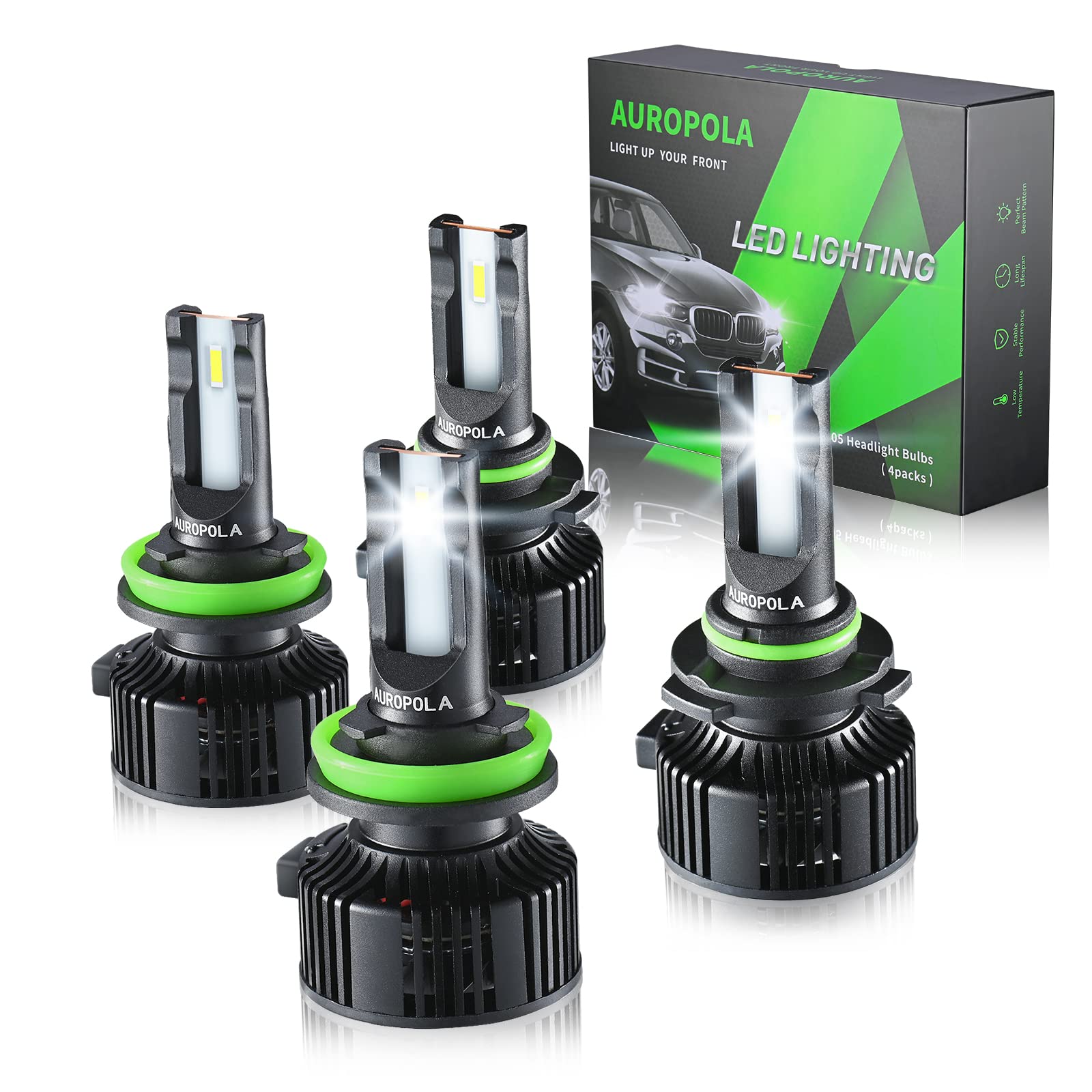 AUROPOLA H11 H9 H8 Low Beam 9005 HB3 High Beam LED Headlight Bulbs Combo - 14000 Lumens 6000K Cool White Ultra Bright Conversion Kit with Built-in CANbus, Plug and Play (Pack of 4) - Perfect for Night Driving, Off-Roading, and Vehicle Upgrades