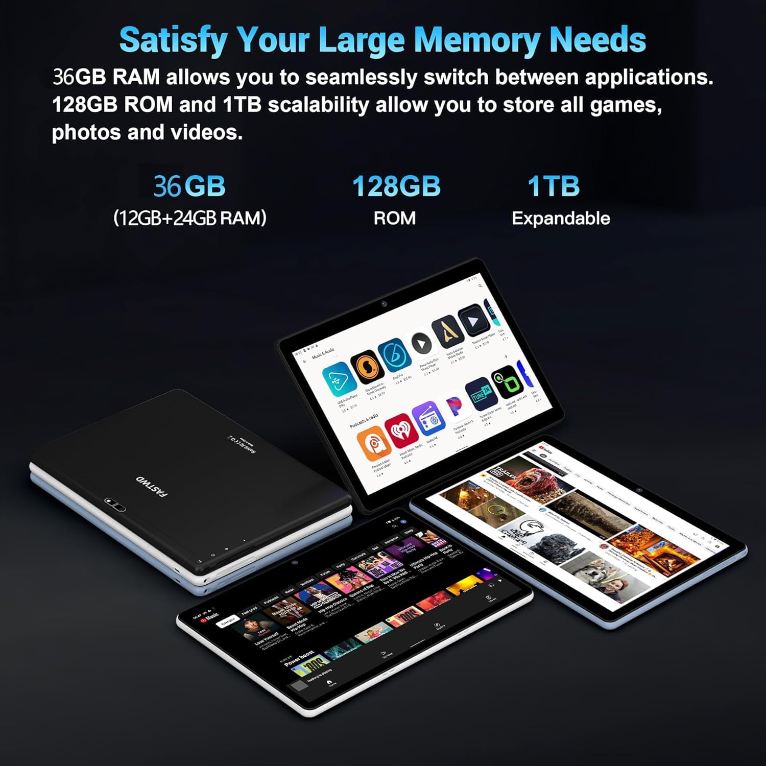 FASTWD 10 Inch Android 14 Tablet (2025 Model) - 5G WiFi, 36GB RAM + 128GB ROM, 8000mAh Battery, Face ID, 2-in-1 Tablet with Keyboard - Black | Perfect for Work, Study & Entertainment