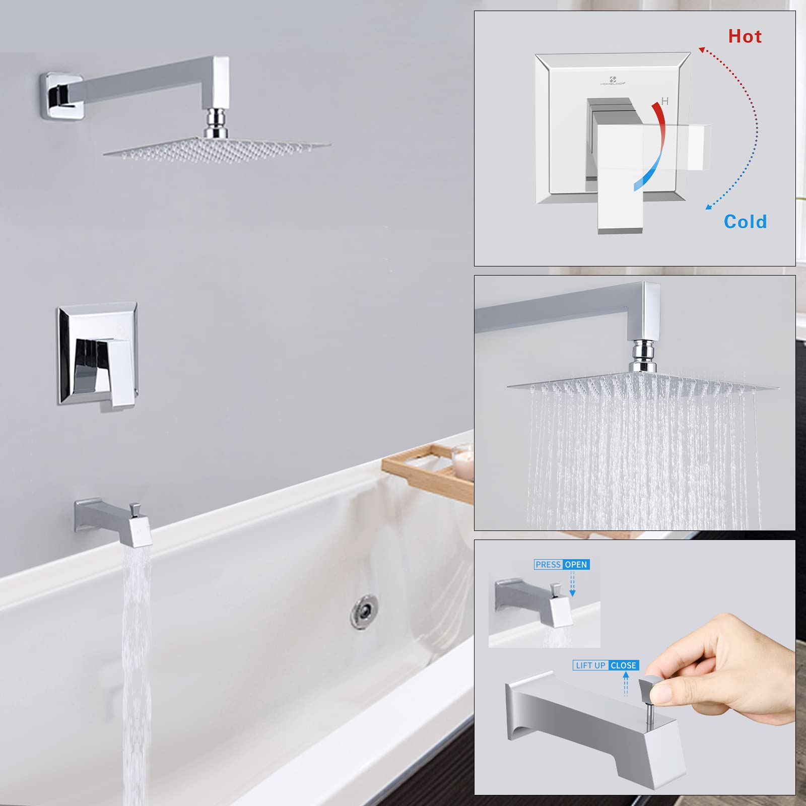 HOMELODY Chrome Shower Faucet Set - High Pressure Square Rainfall Shower Head & Handle Combo, Wall Mounted Luxury Bathroom Fixtures with Shower Valve - Perfect for Modern Home & Spa-Like Shower Experience