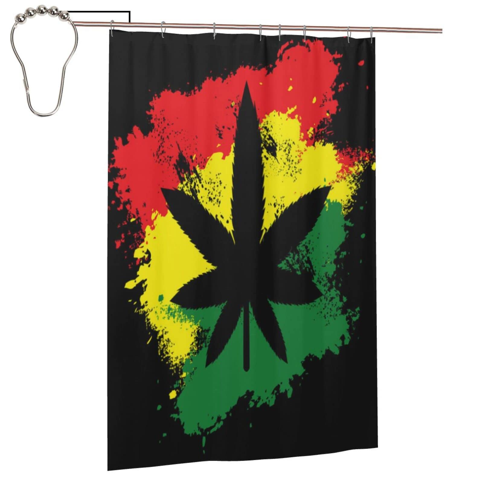 Waterproof Grunge Rasta Marijuana Shower Curtain Set - Red, Yellow & Green Polyester Fabric Bathroom Decor with 12 Hooks (48x72 inches) | Perfect for Bohemian, Hippie & Alternative Style Bathrooms